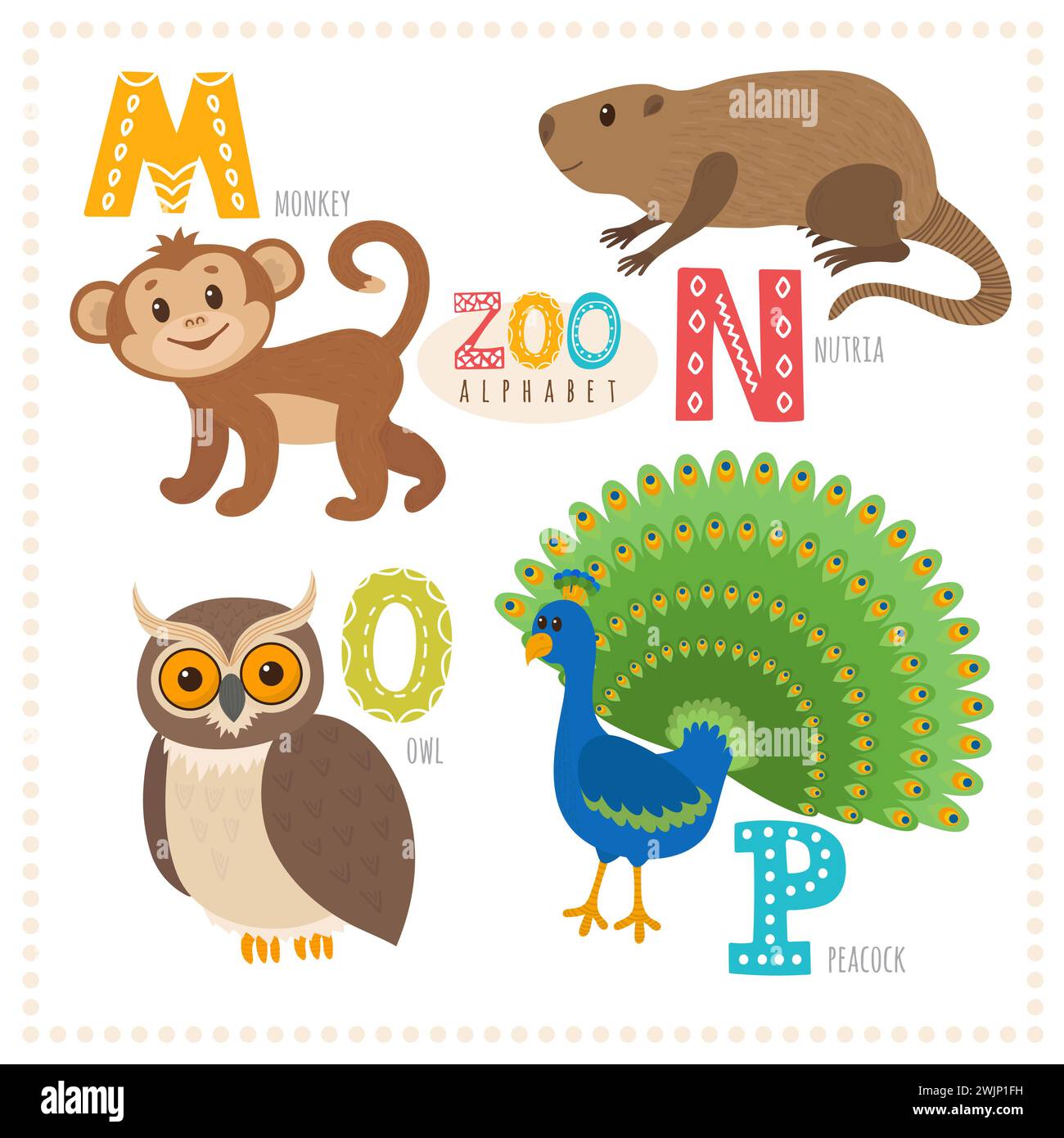 Carini cartoni animati. Alfabeto zoo con animali divertenti. Lettere M, n, o, P. Scimmia, nutria, gufo, pavone. Illustrazione vettoriale Illustrazione Vettoriale