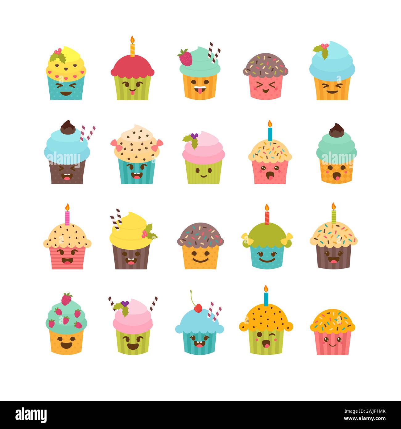 Set di cupcake e muffin. Carini personaggi dei cartoni animati, emoji. Le icone del compleanno dei dessert. Set di cupcake Kawaii. Illustrazione vettoriale Illustrazione Vettoriale
