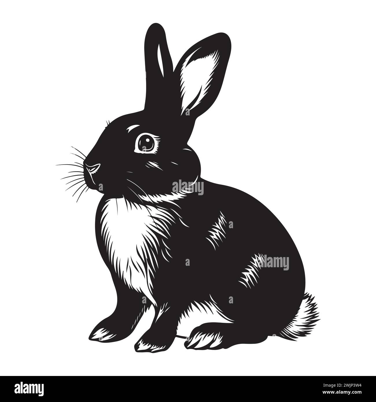 Disegnare un'illustrazione realistica della silhouette di coniglio. Silhouette Pry Easter Bunny Black Ink su sfondo bianco. Illustrazione Vettoriale