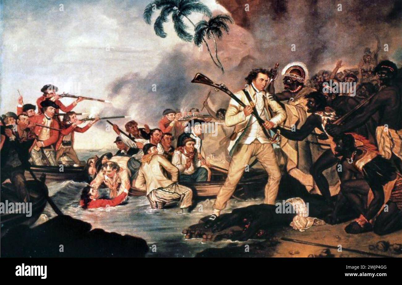 JAMES COOK ( 1728-1779) ufficiale navale ed esploratore inglese. Il dipinto del 1783 di George Carter che mostra la morte di Cook a Kealakekua Bay, Hawaii, 14 febbraio 1779 Foto Stock