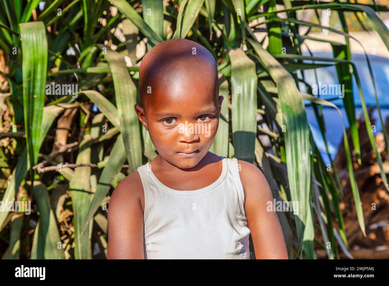 Ragazza africana del villaggio con la testa rasata, che indossa un gilet bianco in giardino Foto Stock