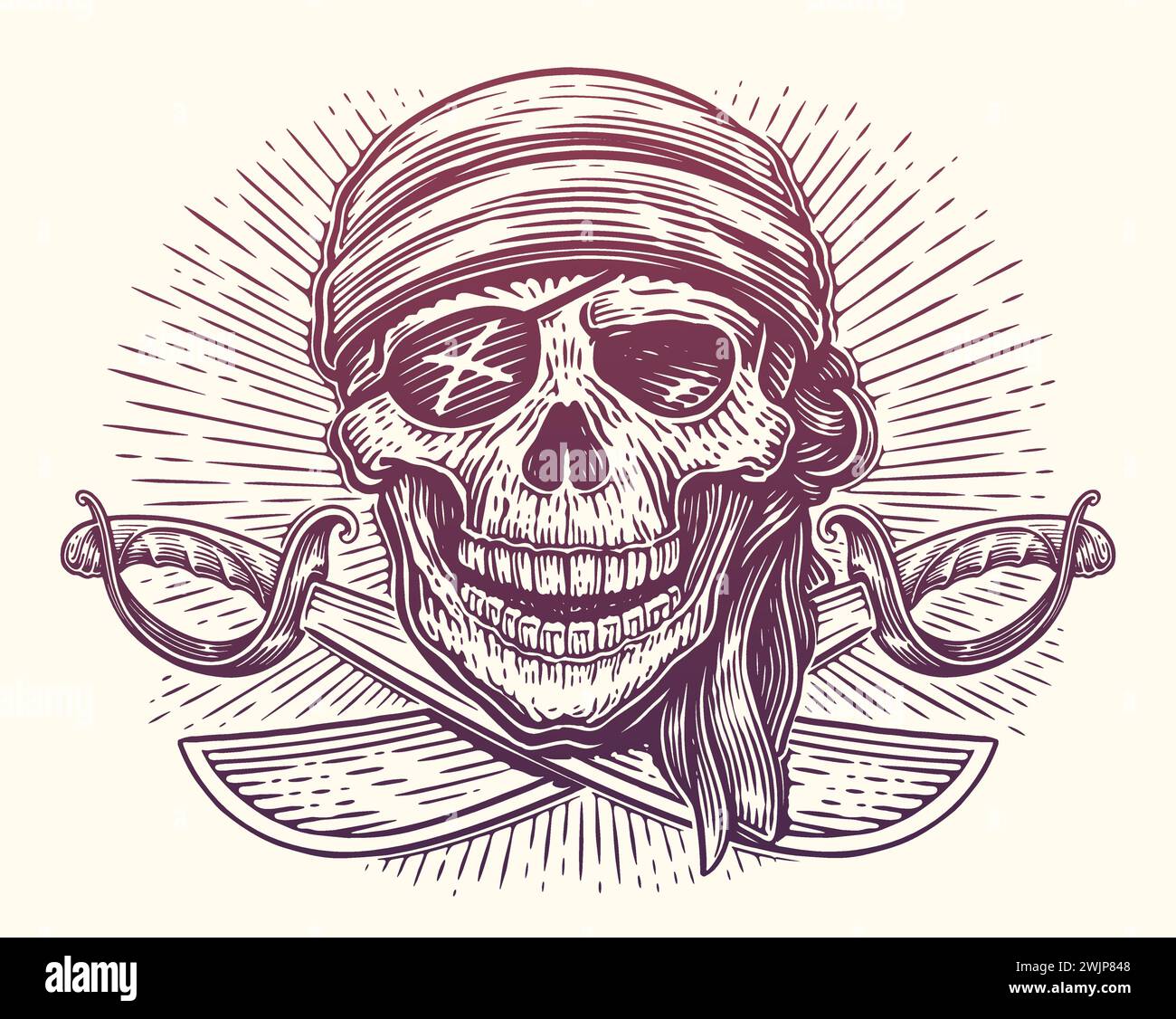 Jolly Roger emblema. Cranio e sciabole incrociate. Illustrazione vettoriale vintage disegnata a mano Illustrazione Vettoriale