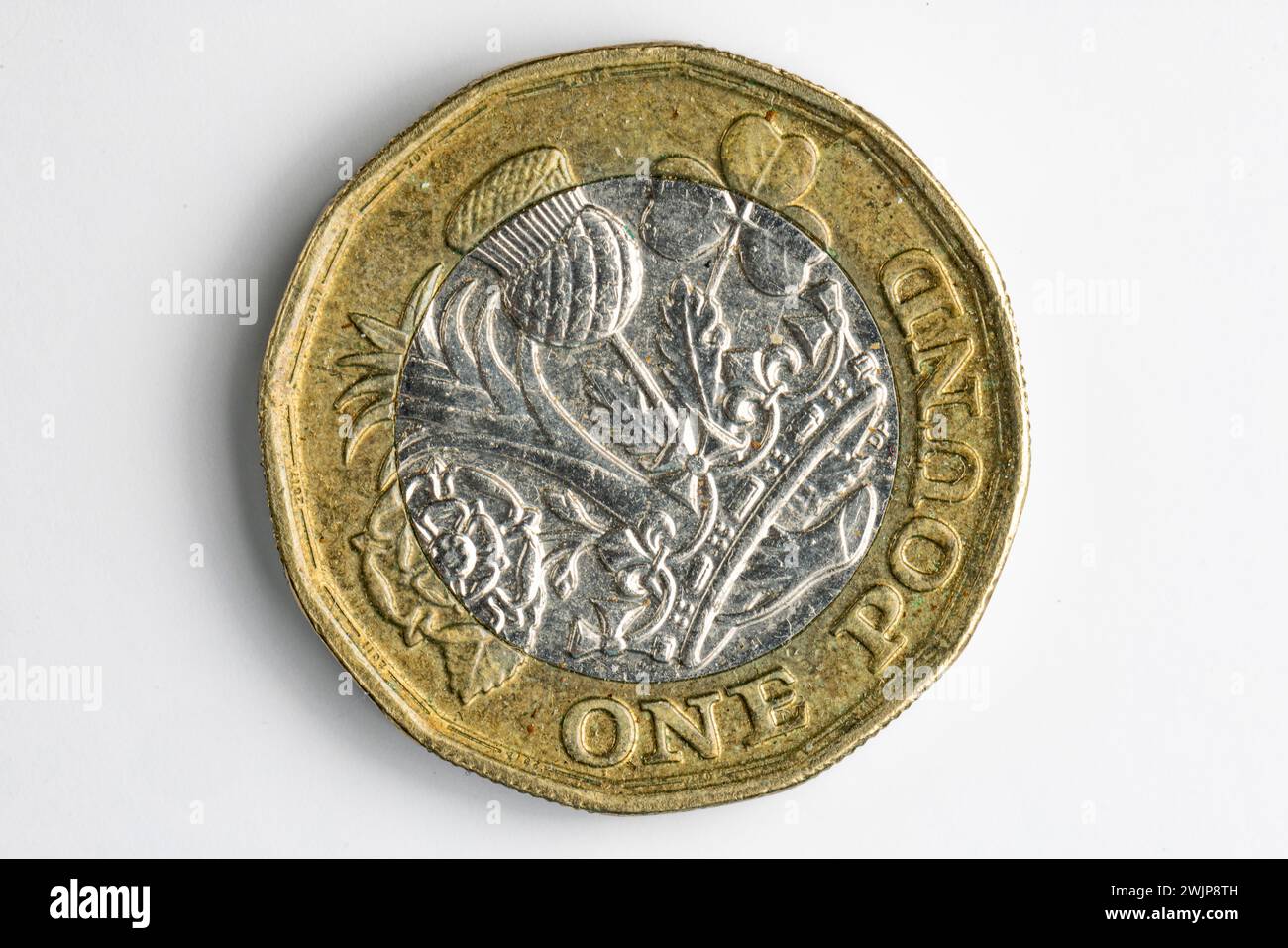 Primo piano del rovescio di una moneta britannica da una sterlina, sfondo bianco Foto Stock