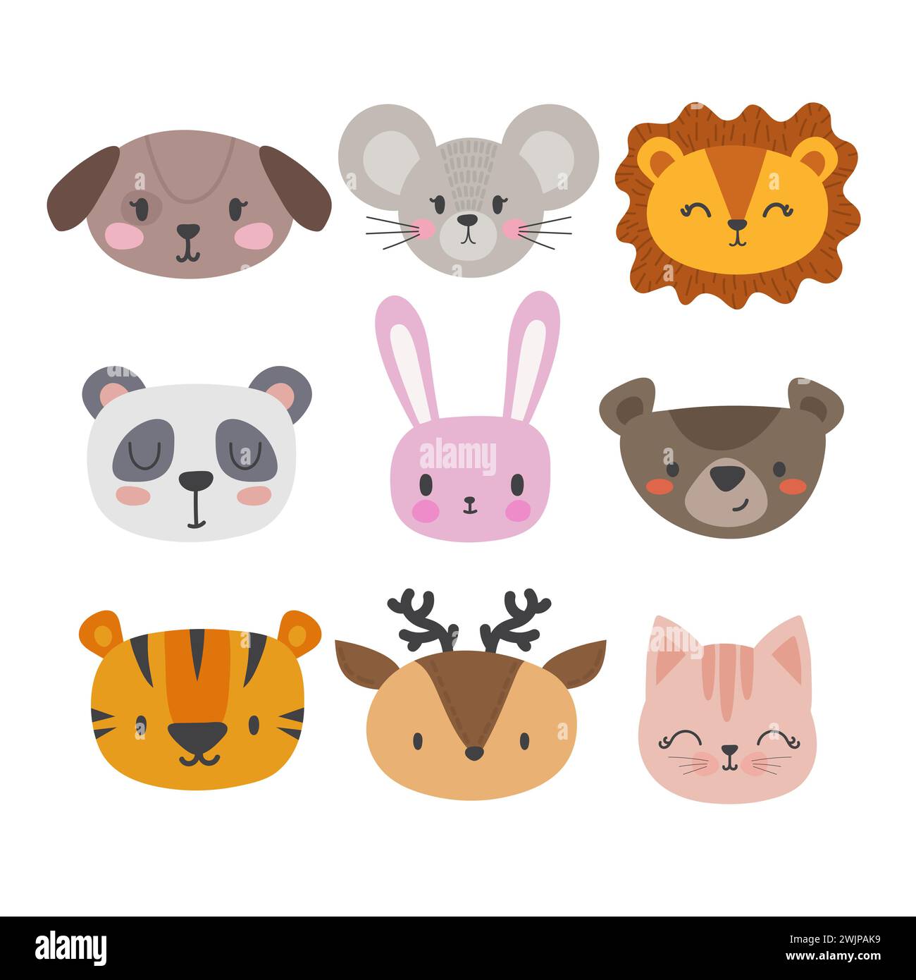 Set di simpatici animali sorridenti disegnati a mano. Gatto, panda, tigre, cane, cervo, leone, coniglietto, topo e orso. Zoo dei cartoni animati. Illustrazione vettoriale Illustrazione Vettoriale