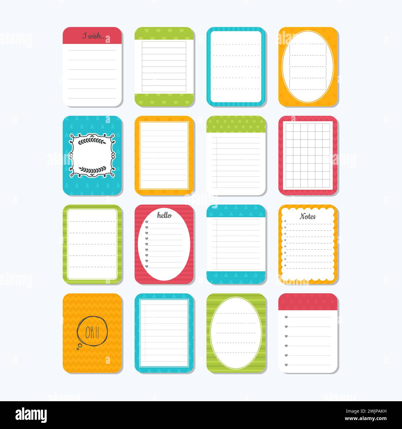 Modello per notebook. Note, etichette, adesivi. Raccolta di varie note. Elementi di design accattivanti. Illustrazione vettoriale Illustrazione Vettoriale