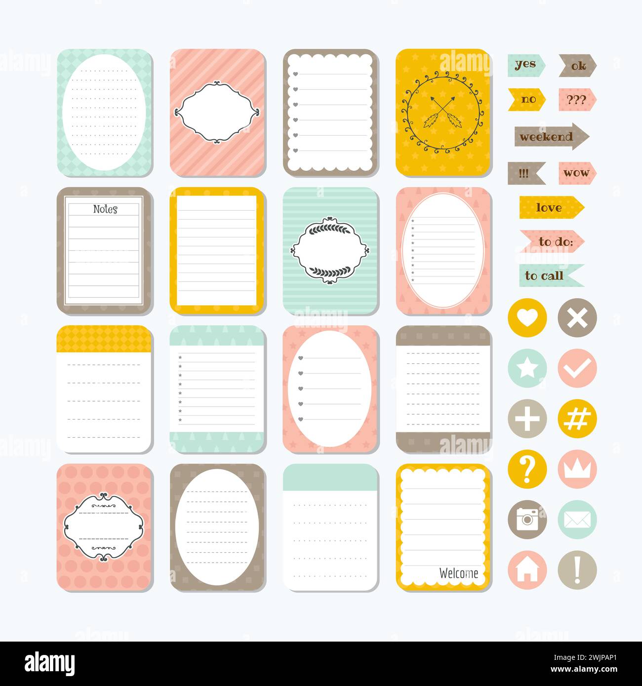 Modello per notebook. Elementi di design accattivanti. Note, etichette, adesivi. Raccolta di varie note. Stile piatto. Illustrazione vettoriale Illustrazione Vettoriale