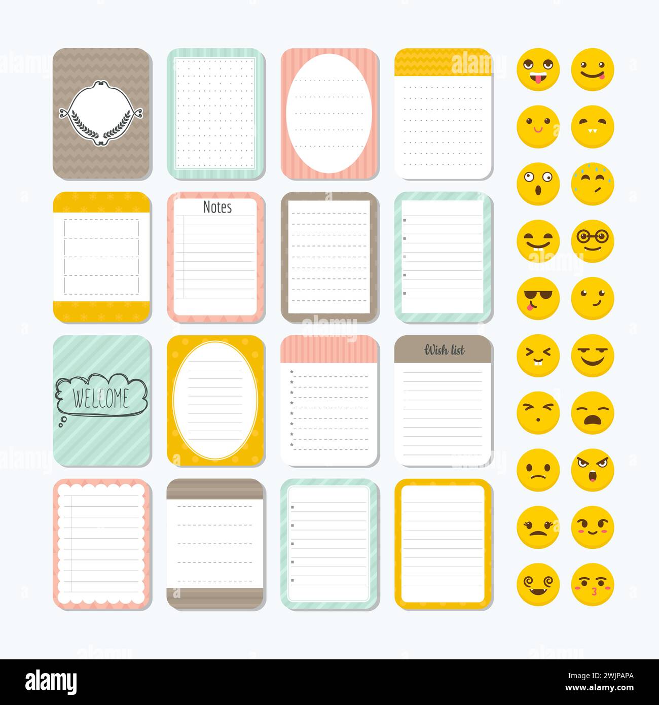 Modello per notebook. Elementi di design accattivanti. Note, etichette, adesivi, emoji sorrisi. Raccolta di varie note. Stile piatto. Illustrazione vettoriale Illustrazione Vettoriale