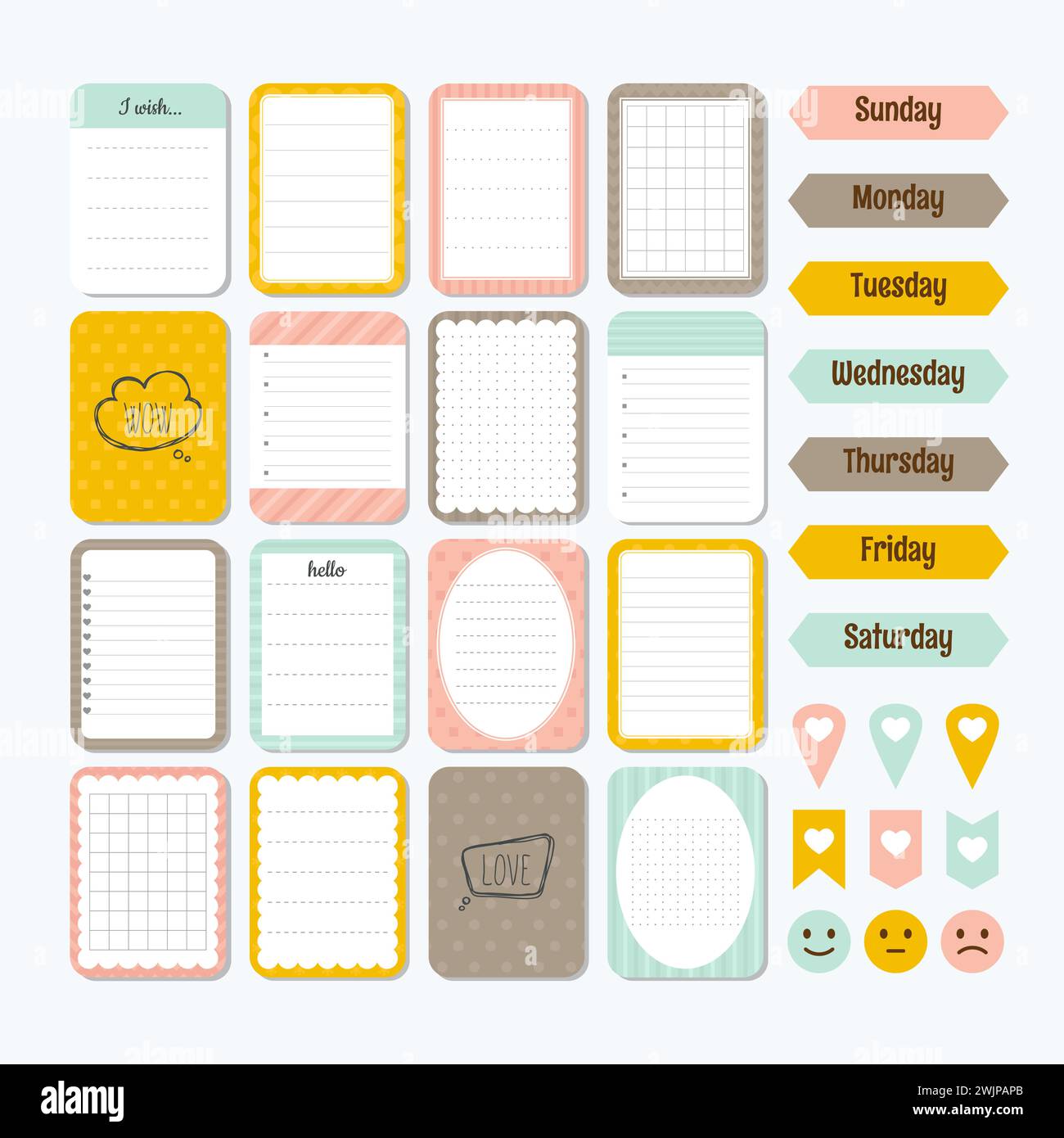 Modello per notebook. Elementi di design accattivanti. Raccolta di varie note. Stile piatto. Note, etichette, adesivi. Illustrazione vettoriale Illustrazione Vettoriale