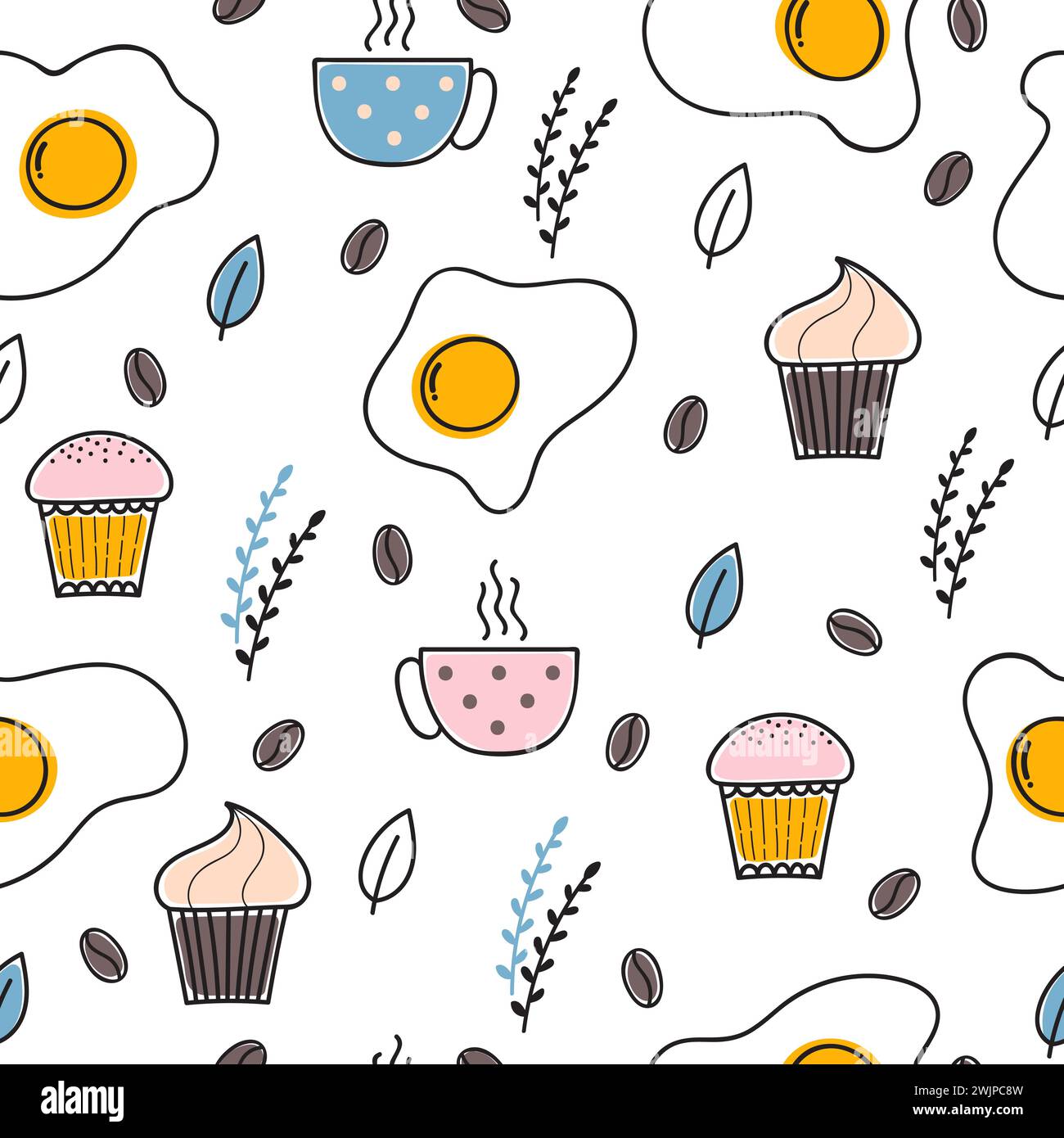 Disegno a mano senza cuciture con uova fritte, caffè e cupcake. Prima colazione. Uova strapazzate. Omelette. Illustrazione vettoriale Illustrazione Vettoriale