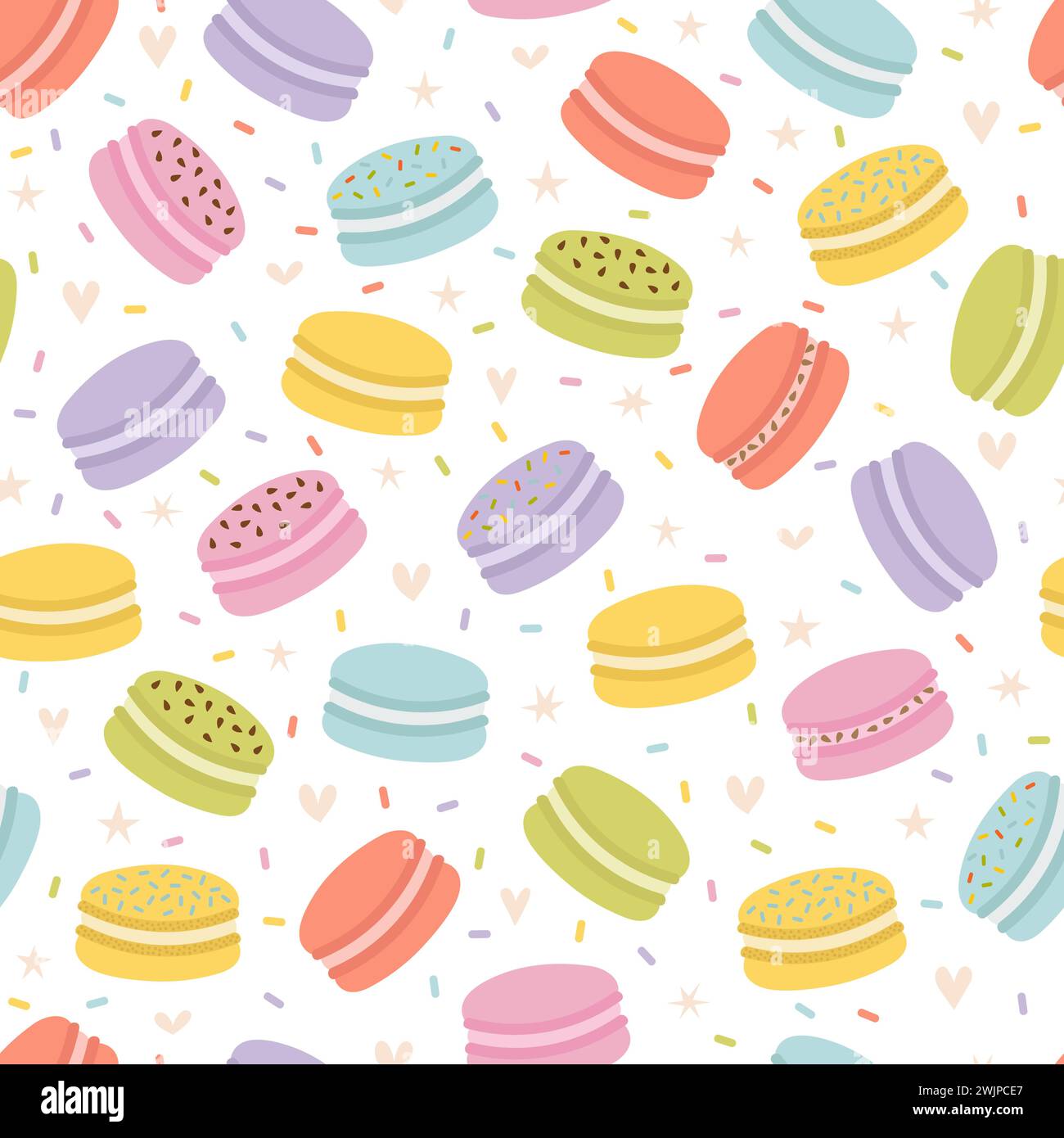 Grazioso motivo senza cuciture con macaron francesi. Sfondo disegnato a mano con dolci e deliziosi dessert. Panetteria fresca. Illustrazione vettoriale Illustrazione Vettoriale