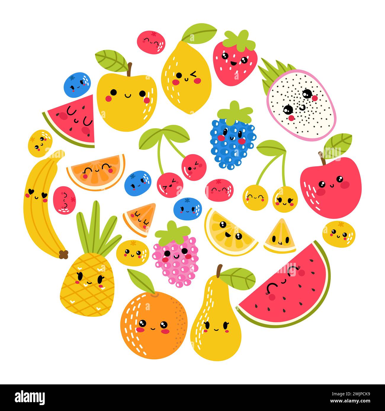 Composizione circolare con frutta estiva trafilata a mano. Collezione Healthy Lifestyle. Carini personaggi kawaii. Stagione estiva. Illustrazione vettoriale Illustrazione Vettoriale