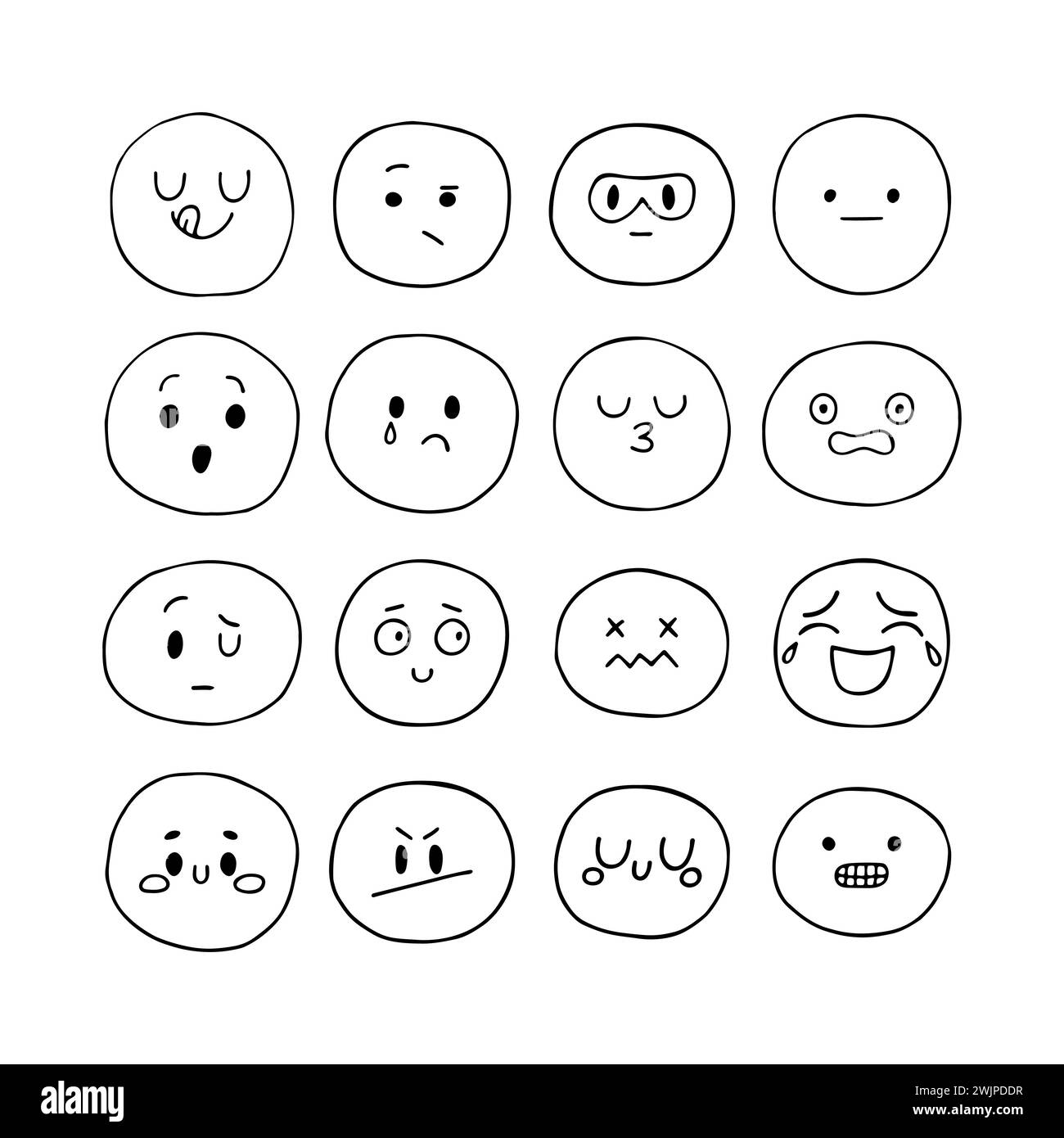 Facce sorridenti e divertenti disegnate a mano felice. Set di espressioni facciali di schizzo. Stile Kawaii. Collezione di personaggi emozionali dei cartoni animati. Icone emoji. Il vettore Illustrazione Vettoriale