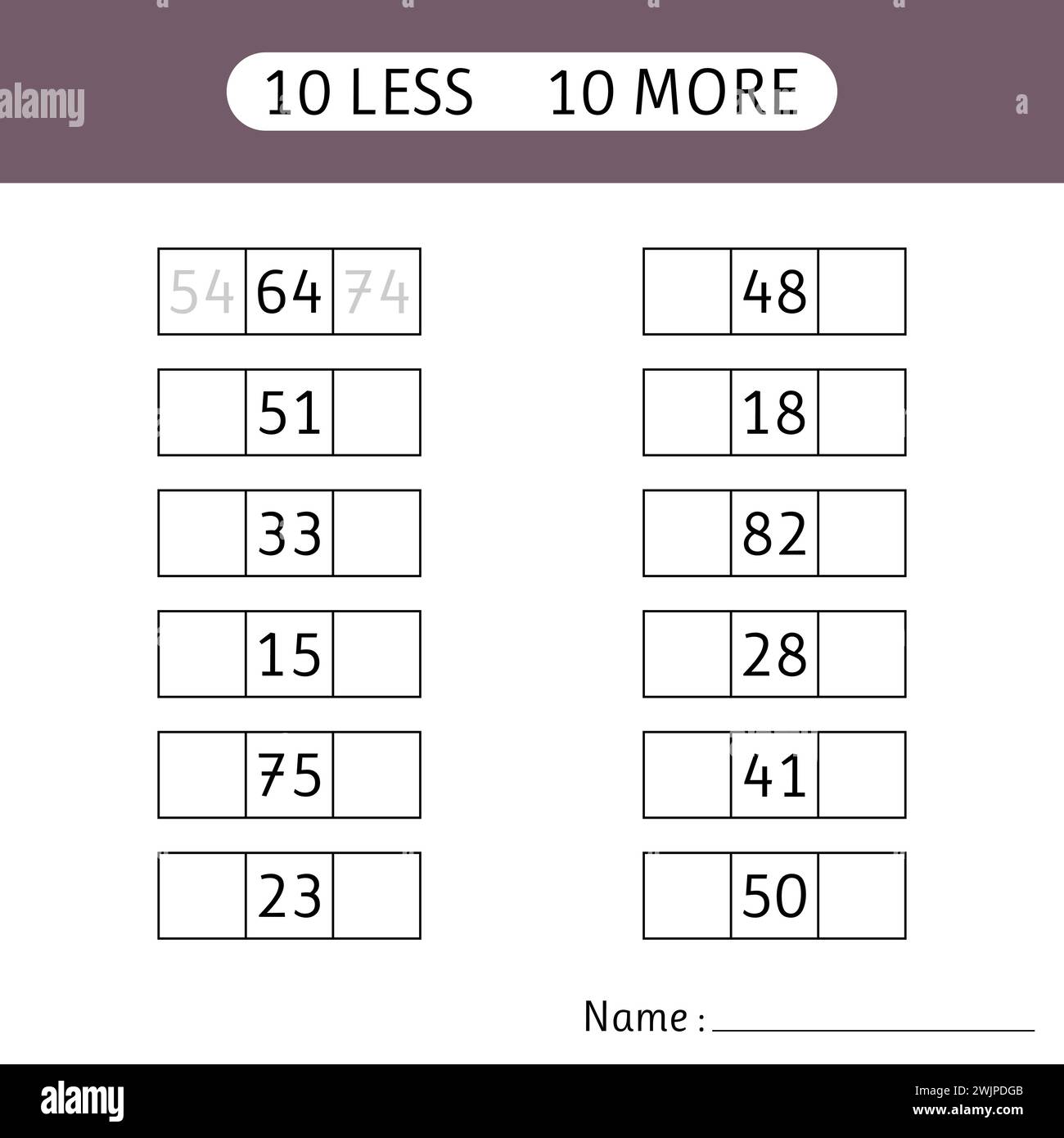 10 in meno, 10 in più. Inserire i numeri mancanti. Matematica. Fogli di lavoro per bambini. Pagine di lavoro per bambini. Illustrazione vettoriale Illustrazione Vettoriale