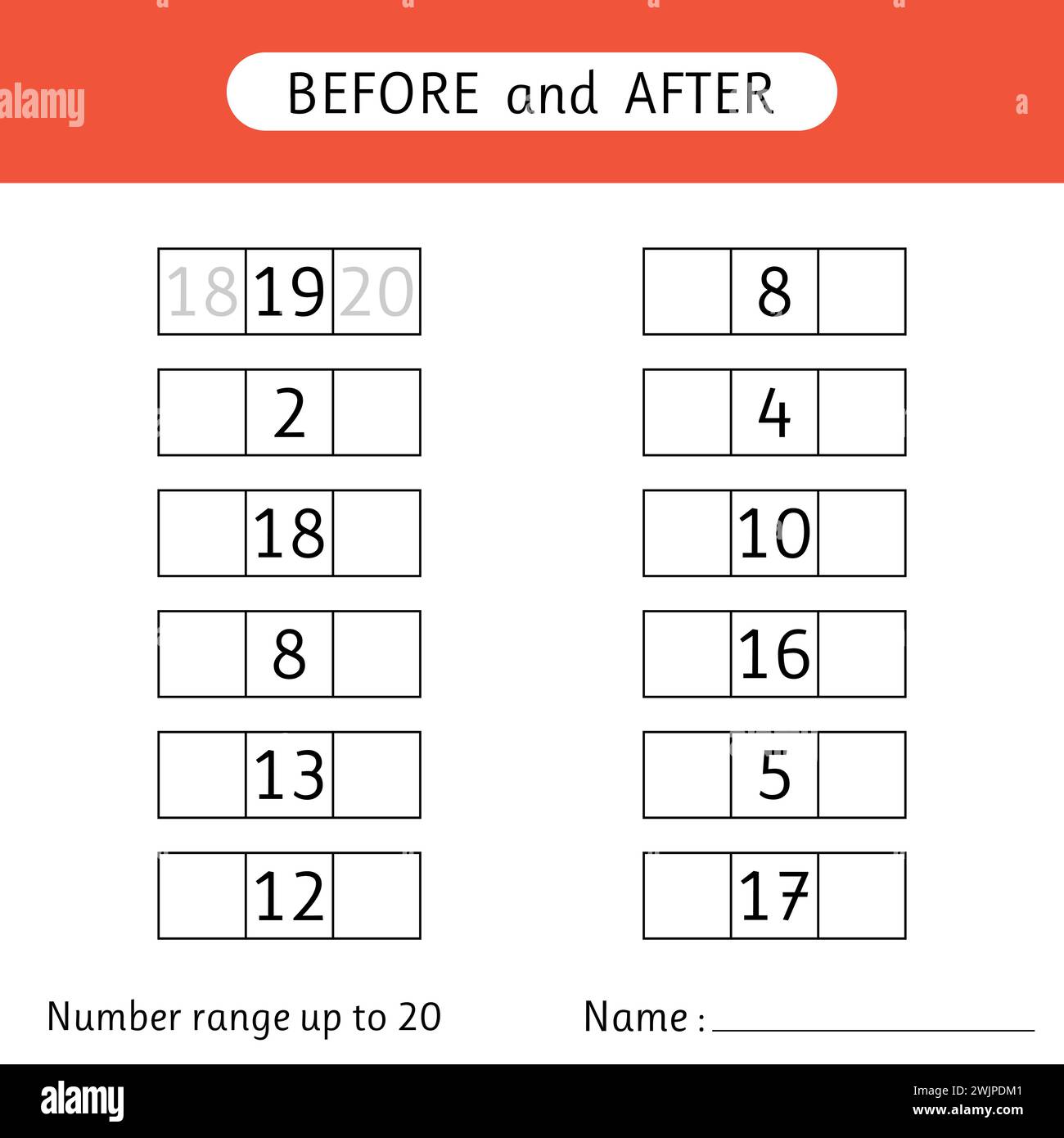 Inserire i numeri mancanti. Prima e dopo. Intervallo numerico fino a 20. Matematico. Fogli di lavoro per bambini. Illustrazione vettoriale Illustrazione Vettoriale