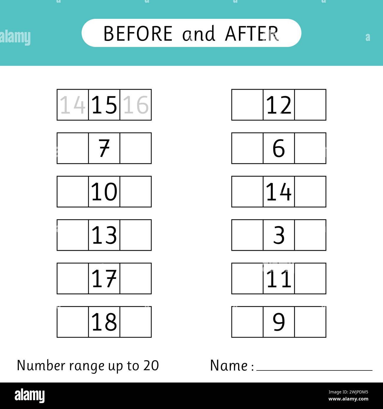 Inserire i numeri mancanti. Prima e dopo. Intervallo numerico fino a 20. Matematico. Foglio di lavoro per bambini. Illustrazione vettoriale Illustrazione Vettoriale