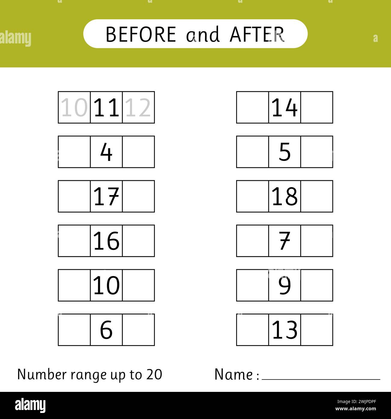 Inserire i numeri mancanti. Prima e dopo. Intervallo numerico fino a 20. Fogli di lavoro per bambini. Matematico. Illustrazione vettoriale Illustrazione Vettoriale