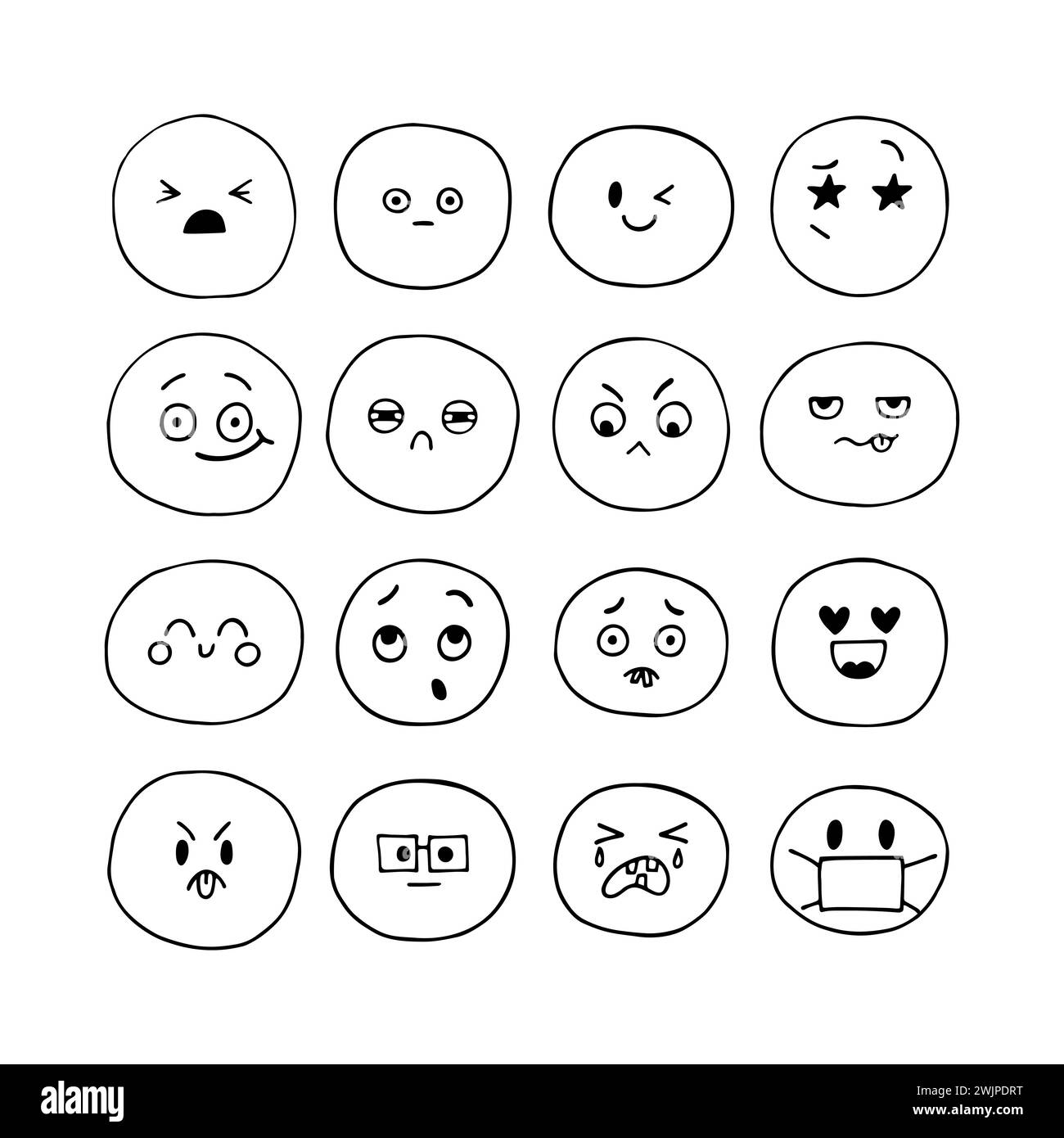 Icone emoji. Facce sorridenti e divertenti disegnate a mano felice. Set di espressioni facciali di schizzo. Collezione di personaggi emozionali dei cartoni animati. Stile Kawaii. Il vettore Illustrazione Vettoriale