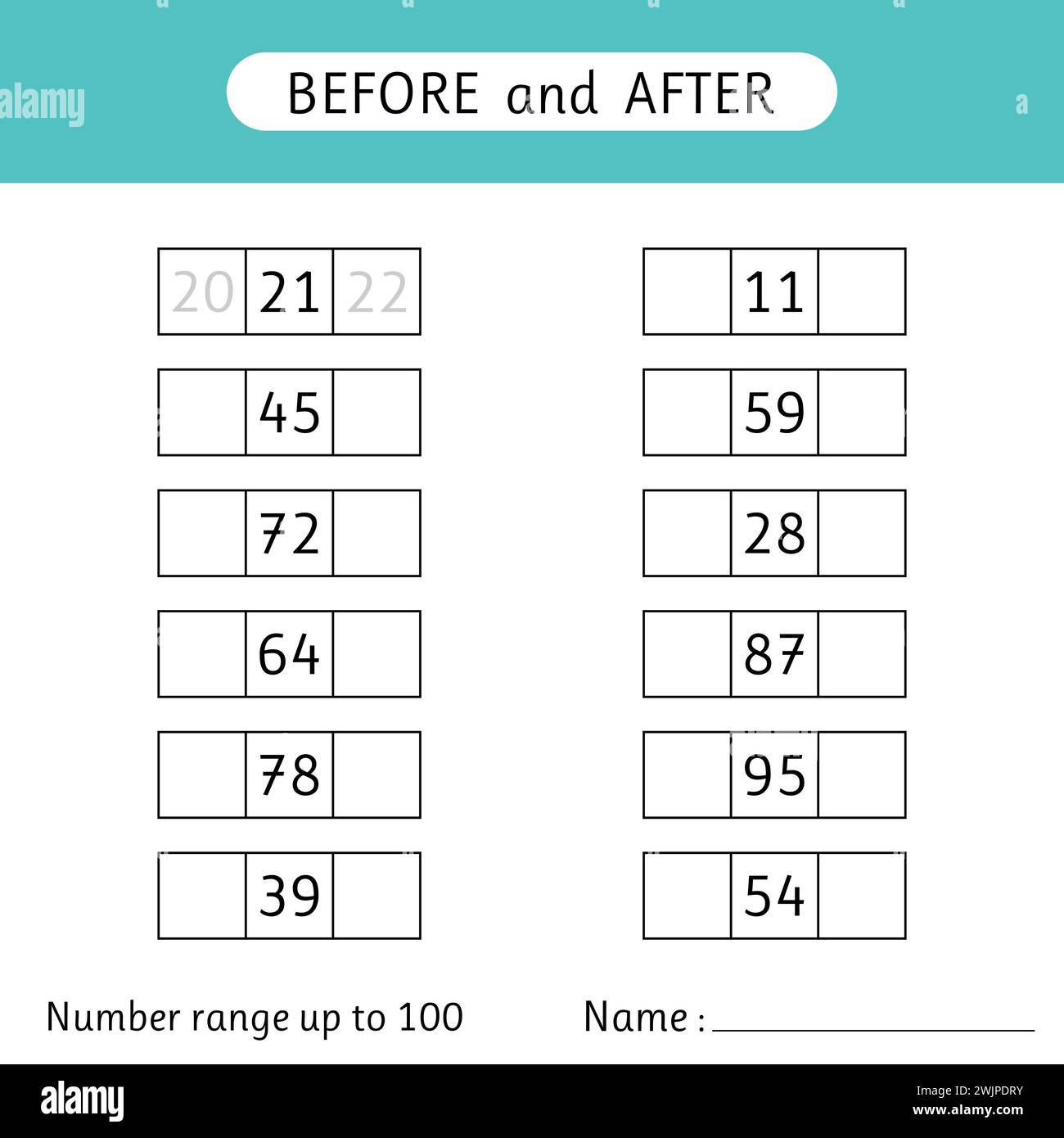 Inserire i numeri mancanti. Prima e dopo. Intervallo di numeri fino a 100. Matematica. Fogli di lavoro per bambini. Scuola. Illustrazione vettoriale Illustrazione Vettoriale