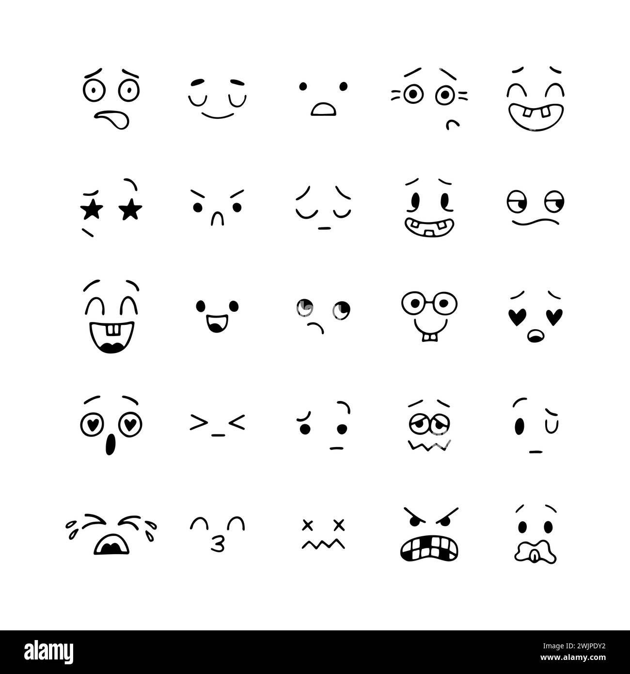 Facce sorridenti disegnate a mano. Icone emoji. Set di espressioni facciali di schizzo. Collezione di personaggi emozionali dei cartoni animati. Felice stile kawaii. Il vettore Illustrazione Vettoriale