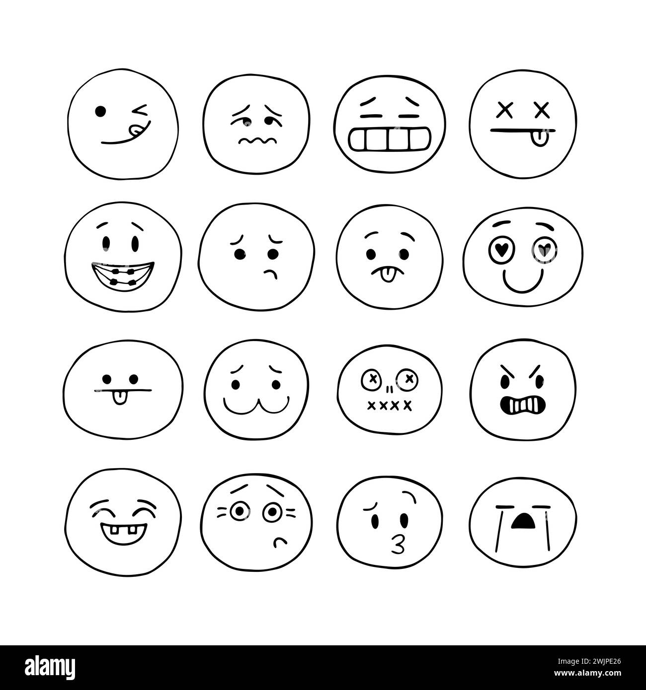 Facce sorridenti e divertenti disegnate a mano felice. Set di espressioni facciali di schizzo. Collezione di personaggi emozionali dei cartoni animati. Icone emoji. Stile Kawaii. Il vettore Illustrazione Vettoriale