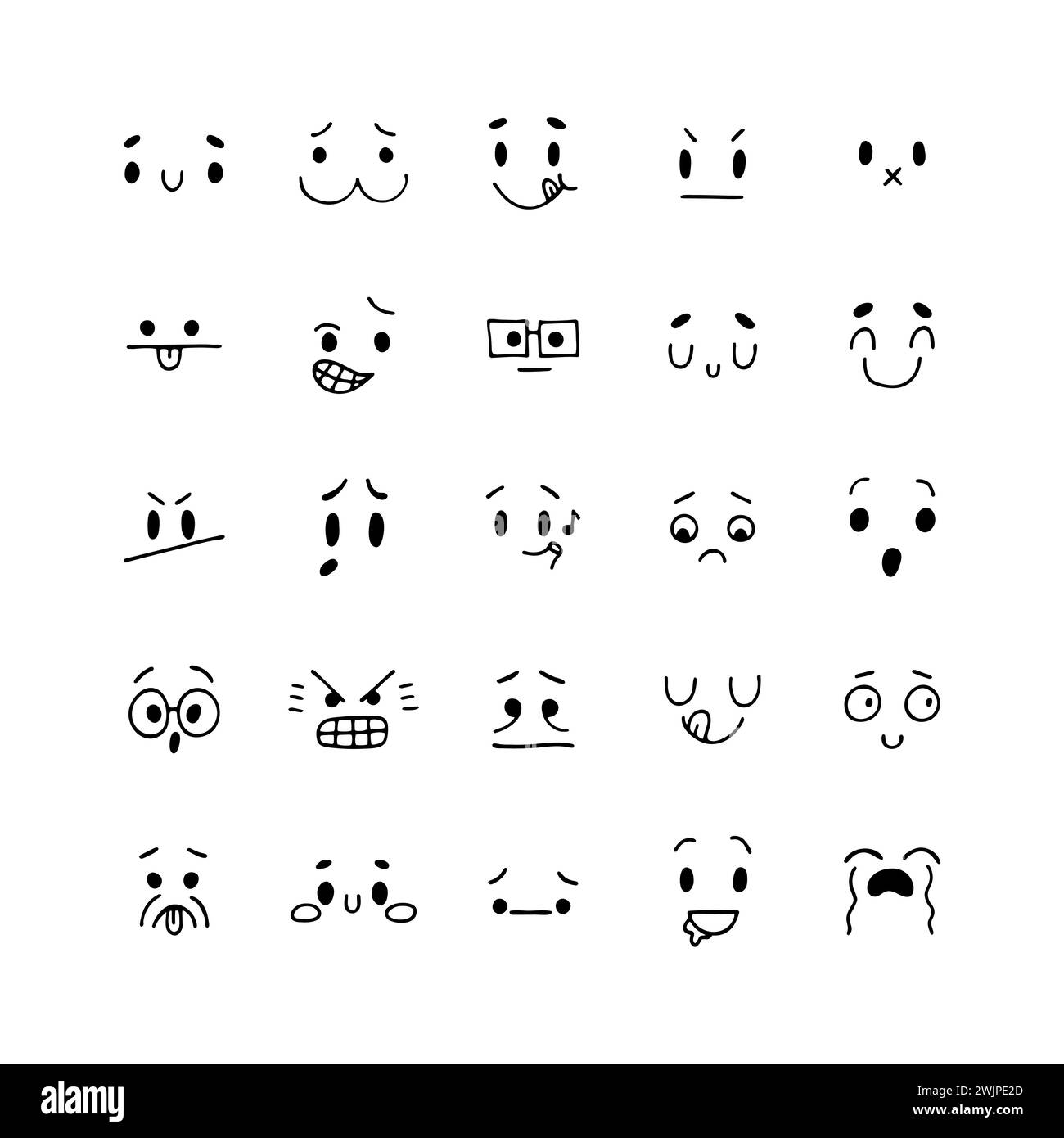 Facce sorridenti disegnate a mano. Set di espressioni facciali di schizzo. Collezione di personaggi emozionali dei cartoni animati. Icone emoji. Felice stile kawaii. Il vettore Illustrazione Vettoriale