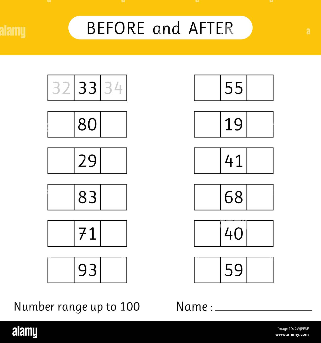 Inserire i numeri mancanti. Prima e dopo. Intervallo di numeri fino a 100. Fogli di lavoro per bambini. Matematica. Scuola. Illustrazione vettoriale Illustrazione Vettoriale
