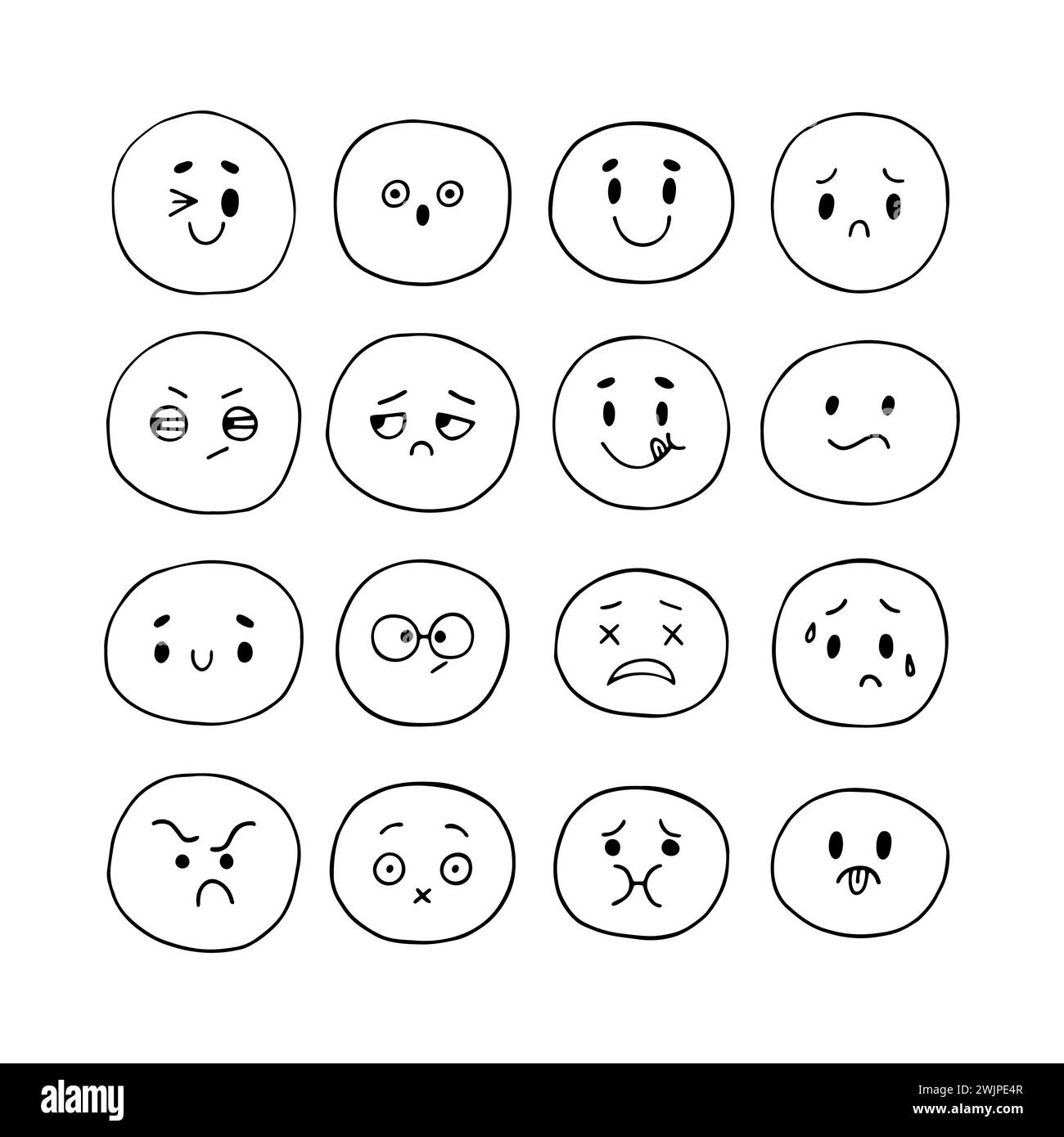 Facce sorridenti e divertenti disegnate a mano felice. Icone emoji. Set di espressioni facciali di schizzo. Stile Kawaii. Collezione di personaggi emozionali dei cartoni animati. Il vettore Illustrazione Vettoriale
