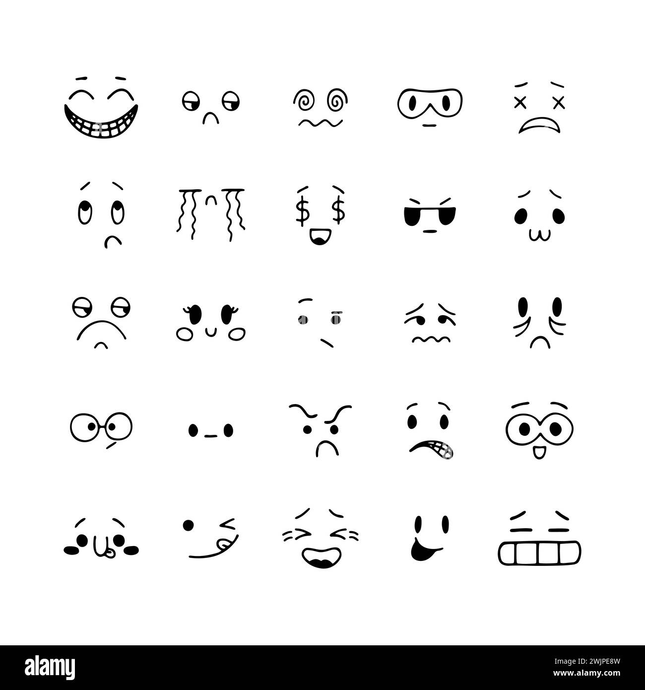 Facce sorridenti disegnate a mano. Set di espressioni facciali di schizzo. Icone emoji. Collezione di personaggi emozionali dei cartoni animati. Felice stile kawaii. Il vettore Illustrazione Vettoriale