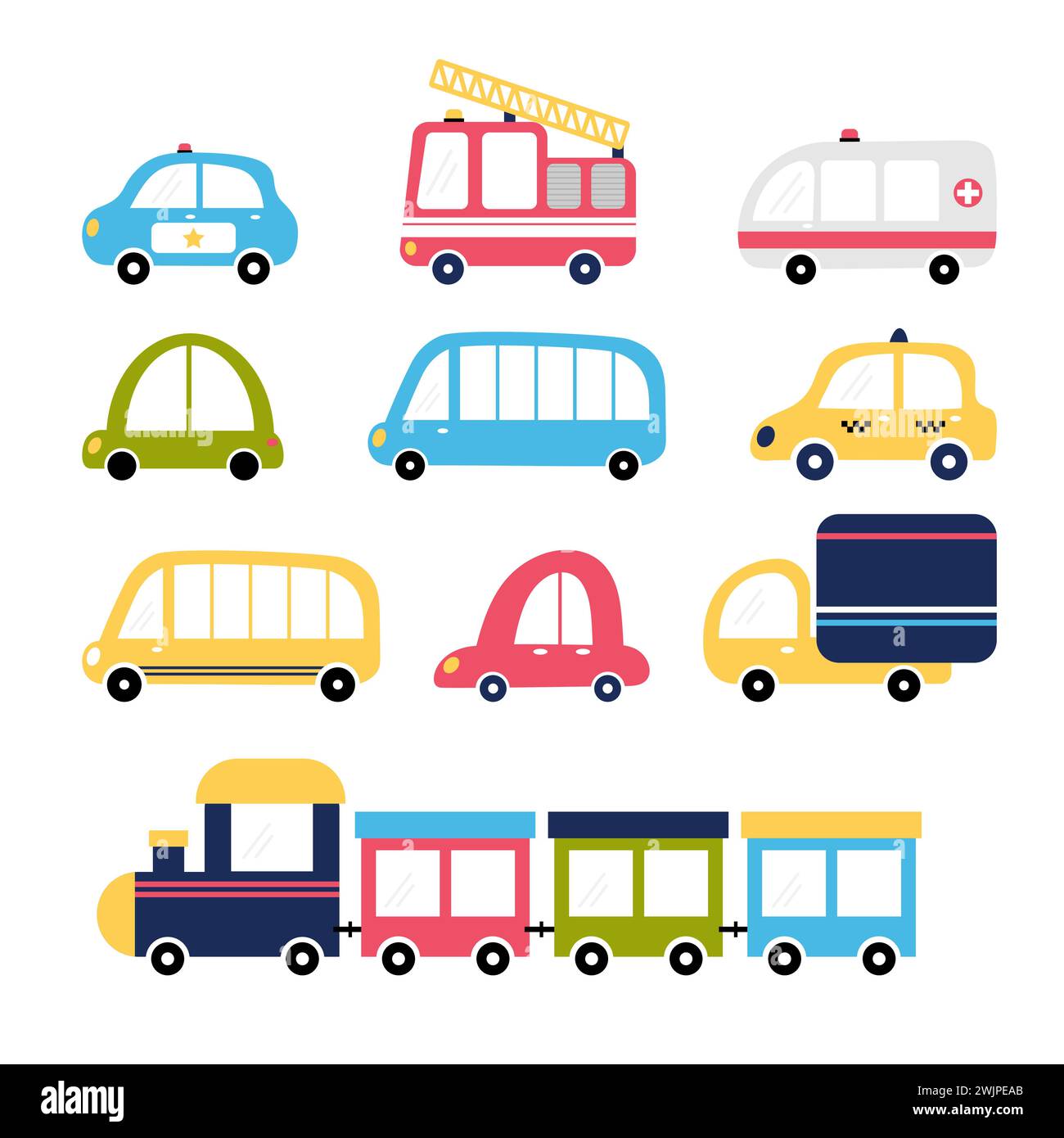 Carino set di trasporti per cartoni animati per bambini. Raccolta di auto. Camion dei vigili del fuoco, ambulanza, polizia, treno, taxi, autobus. Illustrazione vettoriale Illustrazione Vettoriale