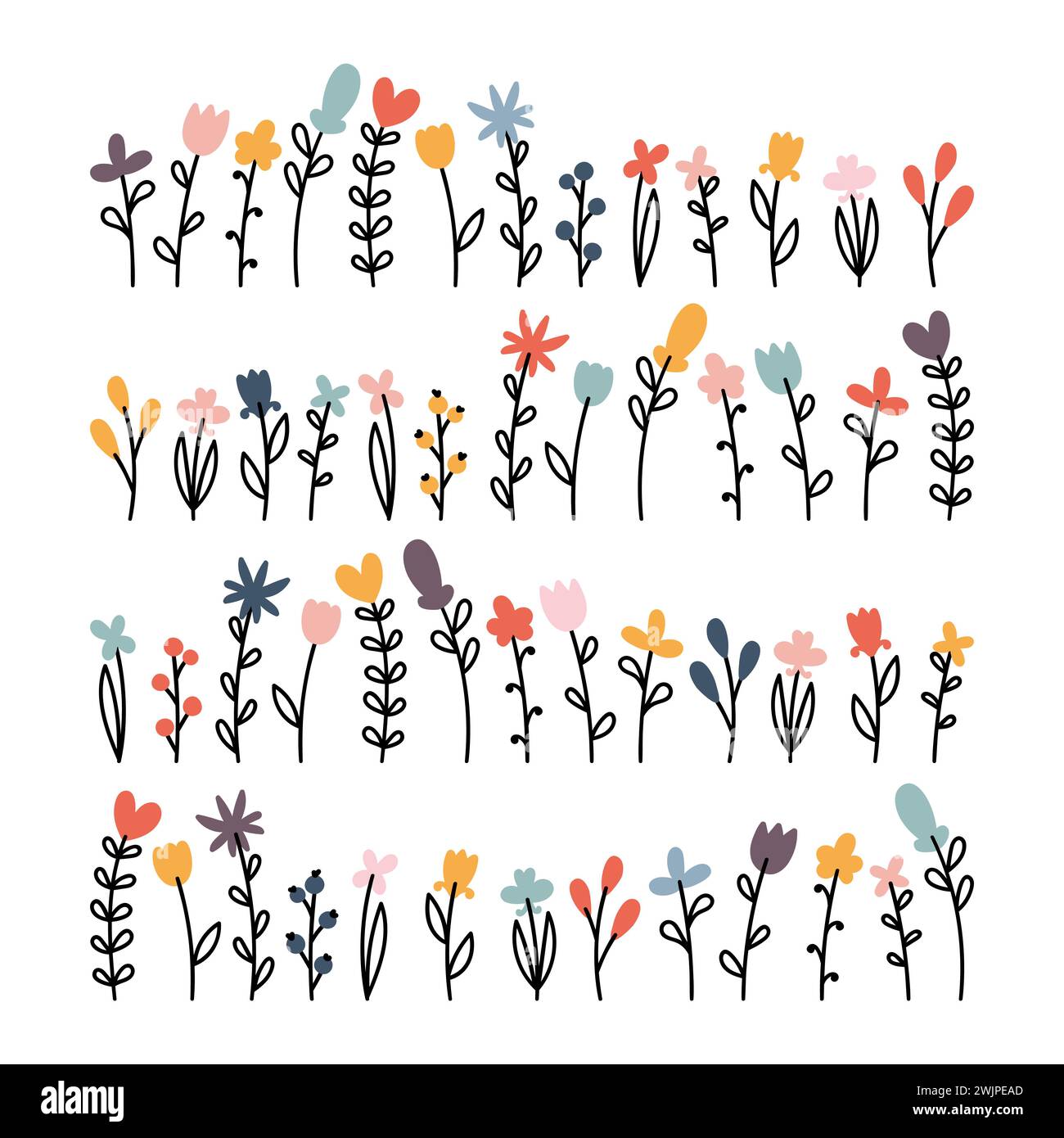 Grande set di fiori di doodle. Elementi floreali disegnati a mano. Concetto di matrimonio. Design decorativo. Illustrazione vettoriale Illustrazione Vettoriale