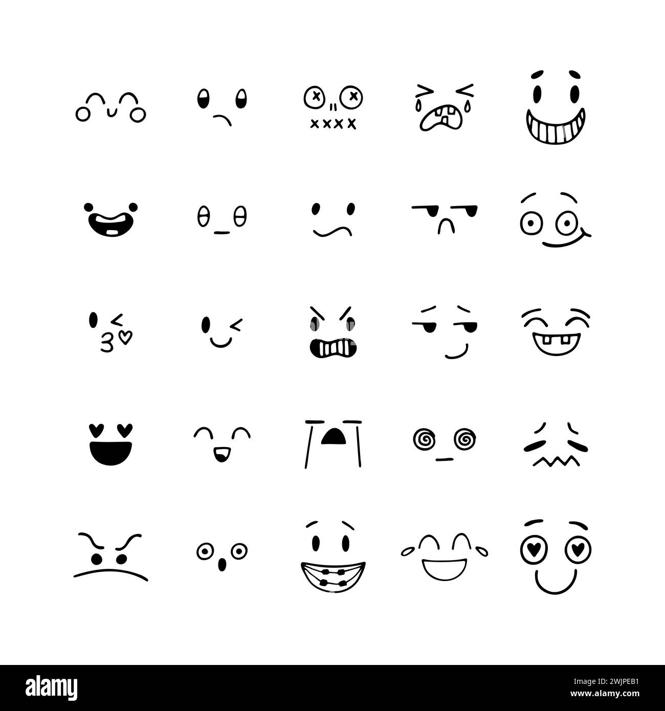 Facce sorridenti disegnate a mano. Stile Kawaii. Set di espressioni facciali di schizzo. Icone emoji. Collezione di personaggi emozionali dei cartoni animati. Illustrazione vettoriale Illustrazione Vettoriale