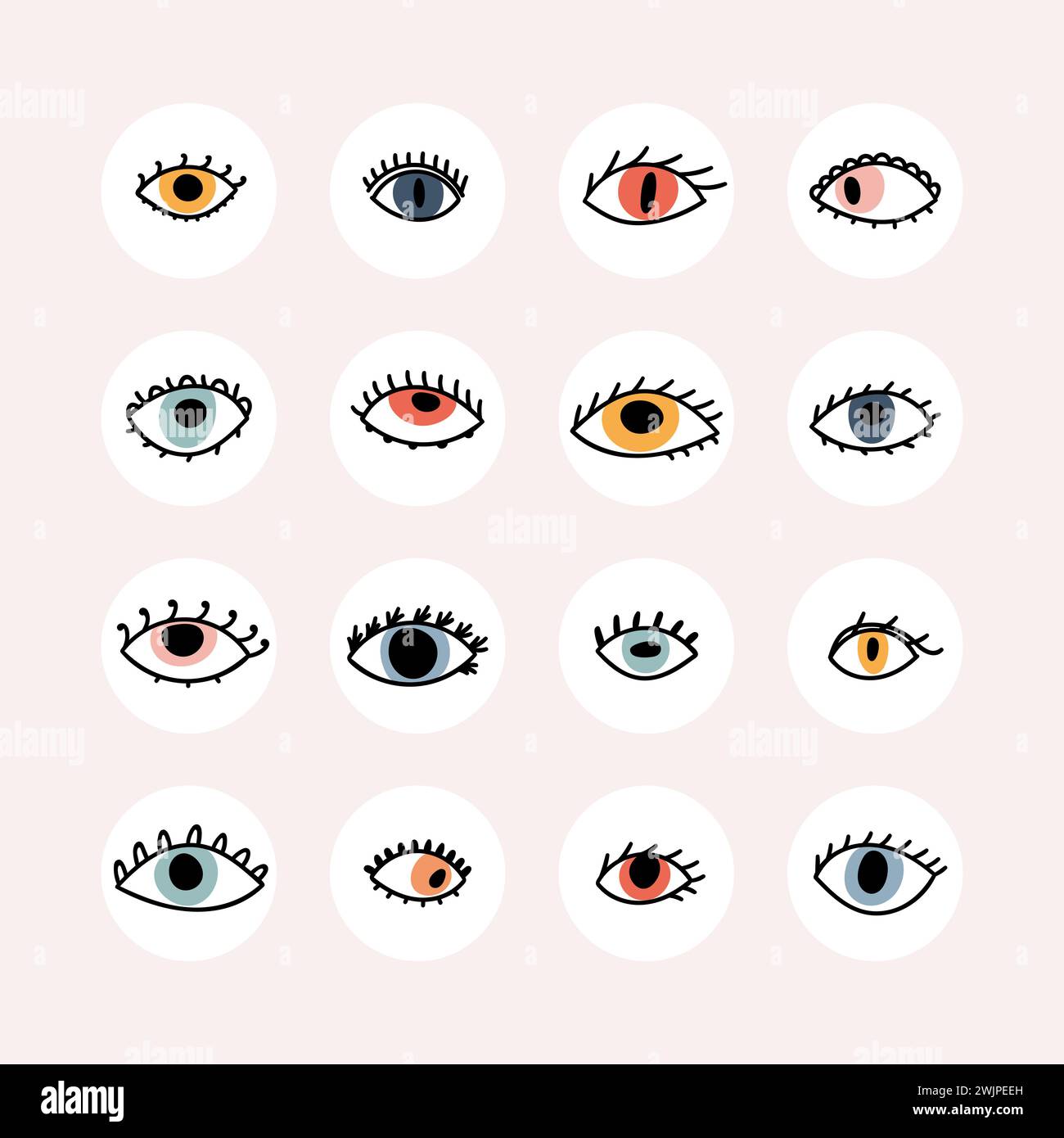 Set di occhi colorati disegnati a mano. Occhio malvagio, magia, stregoneria, talismani. Tatuaggio. Design piatto. Illustrazione vettoriale Illustrazione Vettoriale