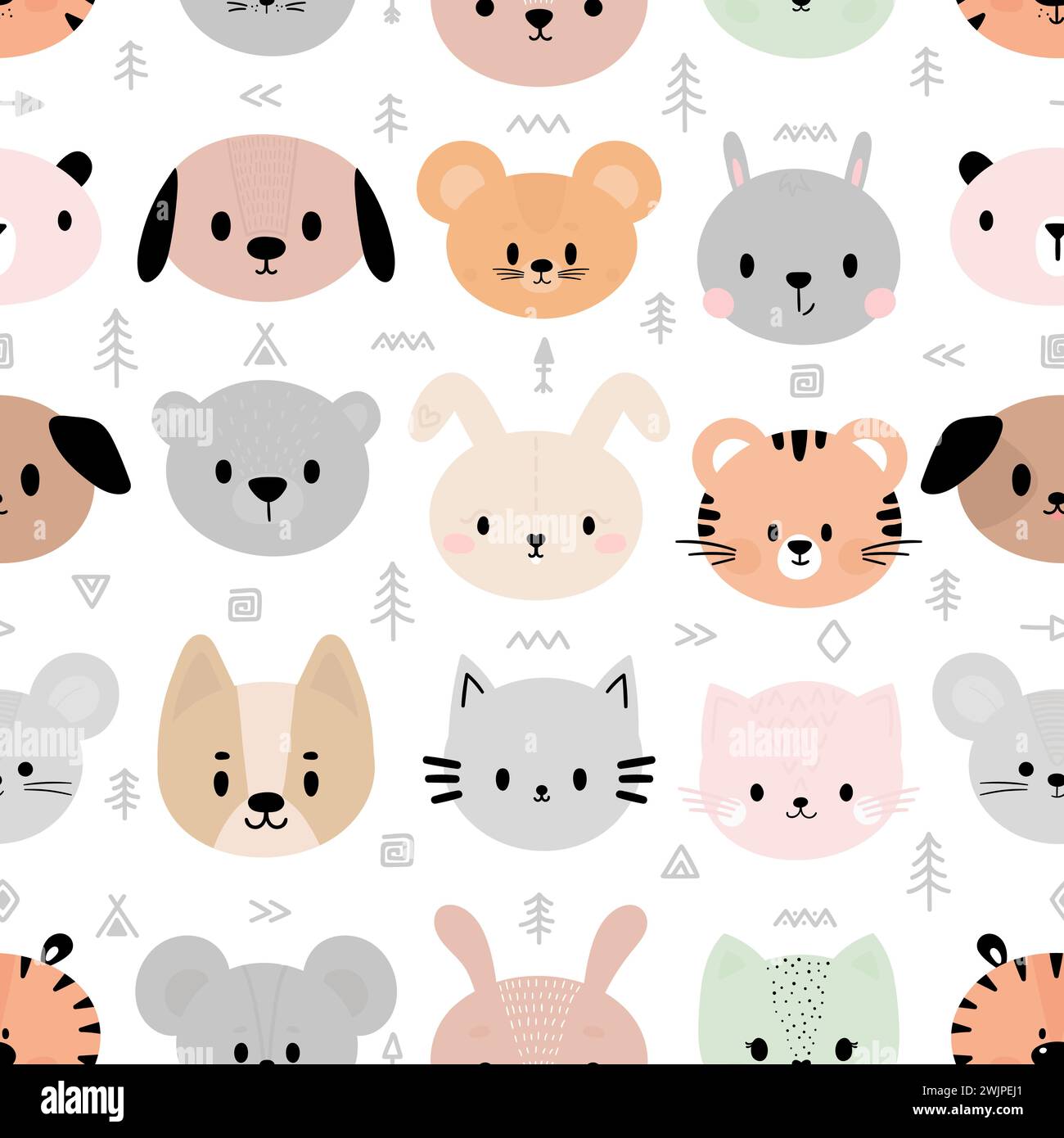 Motivo tribale senza cuciture con simpatici volti di animali sorridenti. Sfondo creativo per tessuti, vivai, tessuti, vestiti. Stile scandinavo. Illustrazione vettoriale Illustrazione Vettoriale