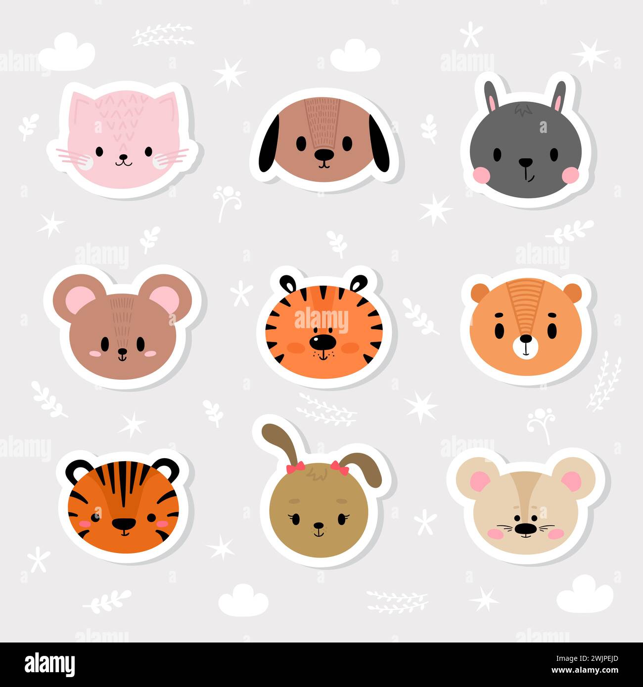 Set di adesivi per cartoni animati con animali per bambini. Simpatici personaggi disegnati a mano. Dolci volti sorridenti. Illustrazione vettoriale Illustrazione Vettoriale