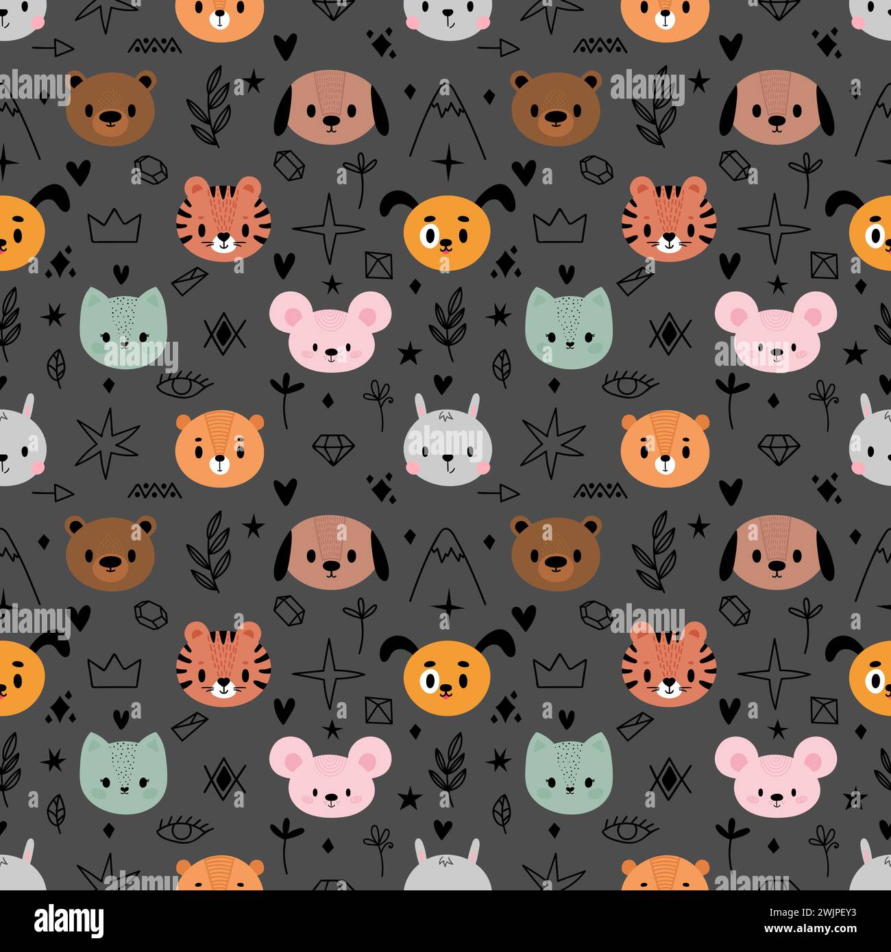 Disegno a mano dei bambini senza cuciture con animali carini. Texture creative per il bambino per tessuti, tessuti, asili, vestiti. Gatto, cane, coniglietto. Illustrazione vettoriale Illustrazione Vettoriale