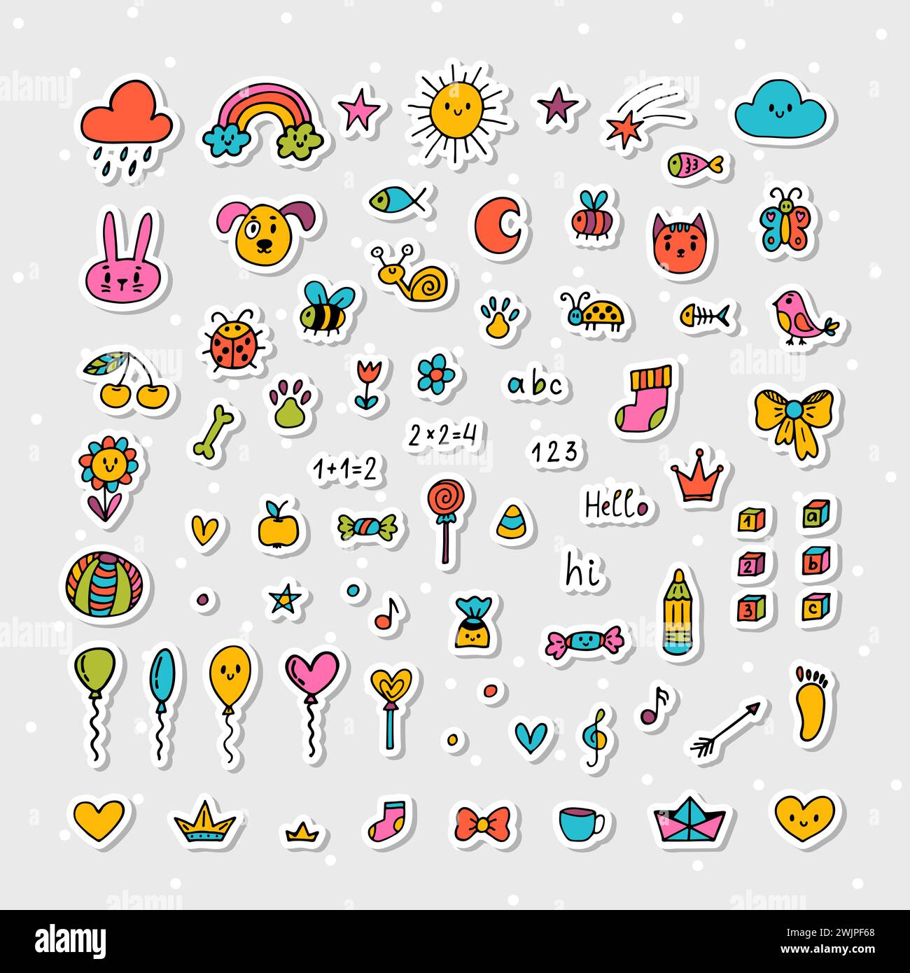 Raccolta di adesivi disegnati a mano. Set di elementi di design per scarabocchi. Carina arte per bambini. Disegni in stile figlio. Illustrazione vettoriale Illustrazione Vettoriale