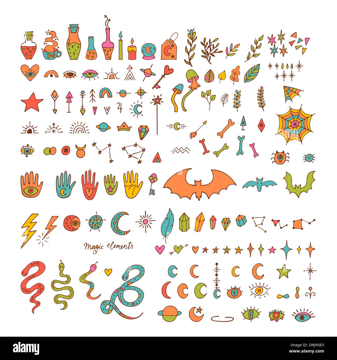 Elementi mistici disegnati a mano. Stile doodle. Halloween. Magia, stregoneria, icone esoteriche. Illustrazione vettoriale Illustrazione Vettoriale