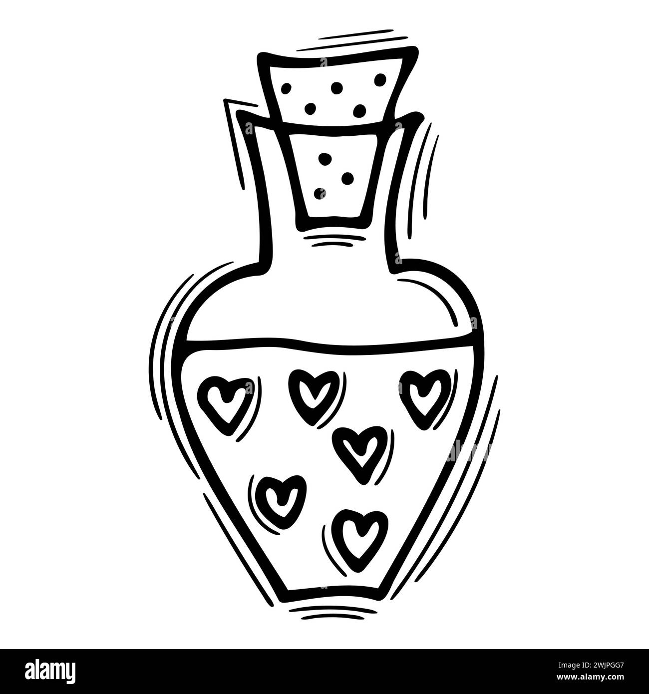 Bottiglia magica disegnata a mano con pozione d'amore. Bottiglia di alchimista Doodle con elisir, veleno, antidoto. Stregoneria. Illustrazione vettoriale Illustrazione Vettoriale