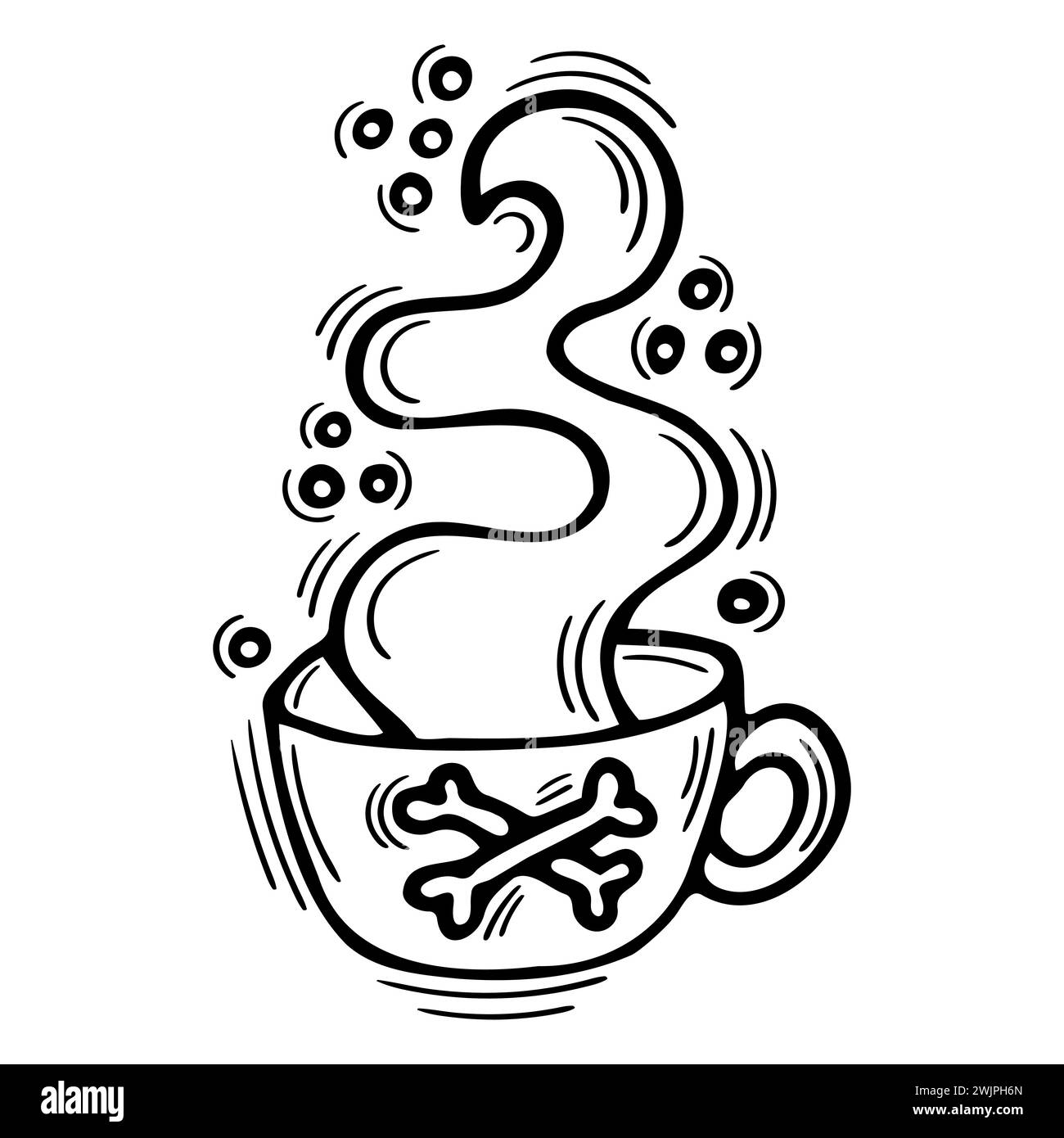 Tazza magica disegnata a mano con pozione d'amore. Tazza alchimista Doodle con veleno, elisir, antidoto. Stregoneria. Illustrazione vettoriale Illustrazione Vettoriale