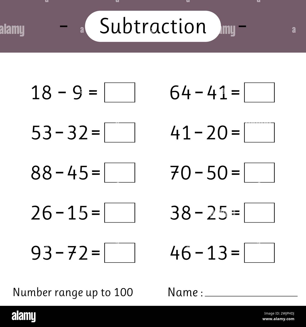 Sottrazione. Intervallo di numeri fino a 100. Foglio di lavoro matematico per bambini. Matematica. Risolvere gli esempi. Sviluppo di competenze di calcolo. Illustrazione vettoriale Illustrazione Vettoriale