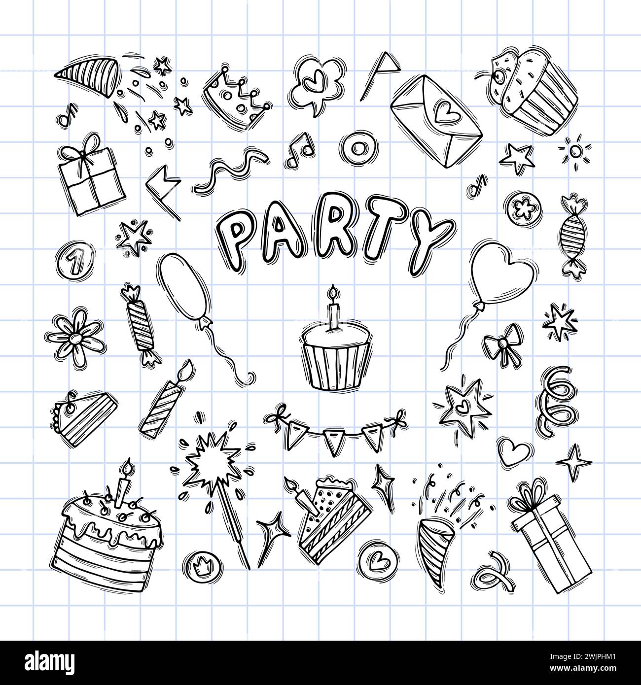 Set di elementi disegnati a mano per feste di compleanno. Set di elementi da festa. Decorazione Doodle. L'ora della festa. Illustrazione vettoriale Illustrazione Vettoriale