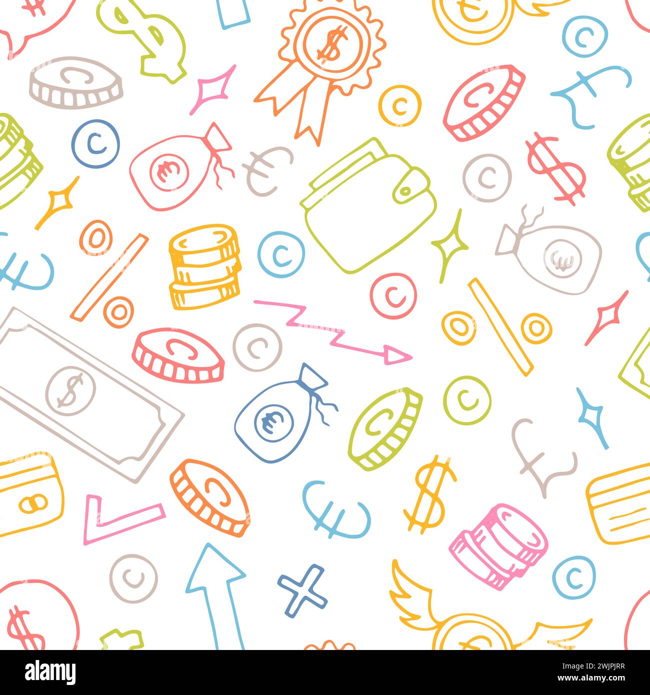 Disegno a mano di un modello senza cuciture con elementi aziendali e finanziari. Investimento. Doodle, stile di schizzo. Background di denaro. Illustrazione vettoriale Illustrazione Vettoriale