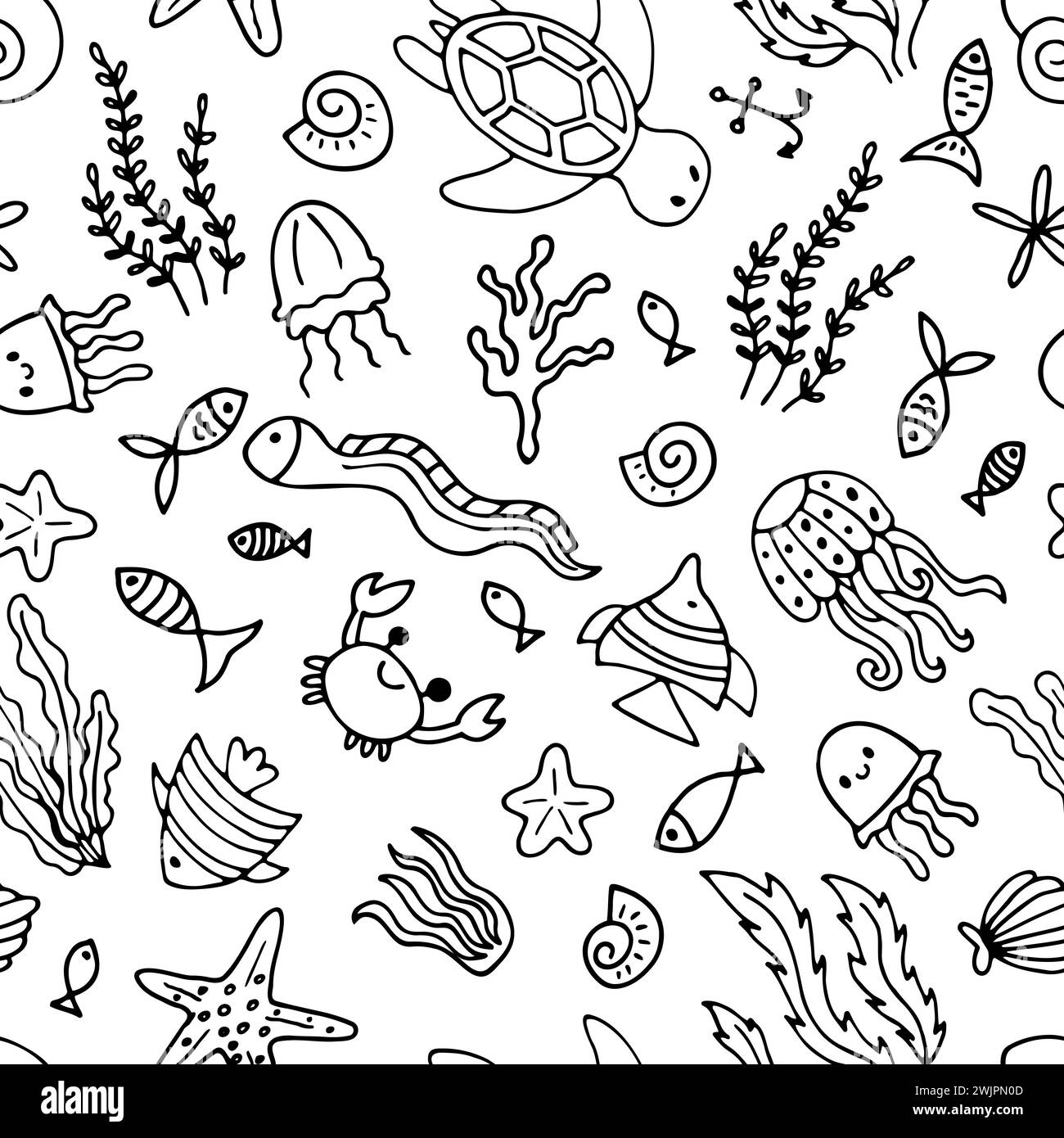 Disegno a mano senza cuciture con animali sott'acqua. Oceano, vita marina. Sfondo nautico. Illustrazione vettoriale Illustrazione Vettoriale