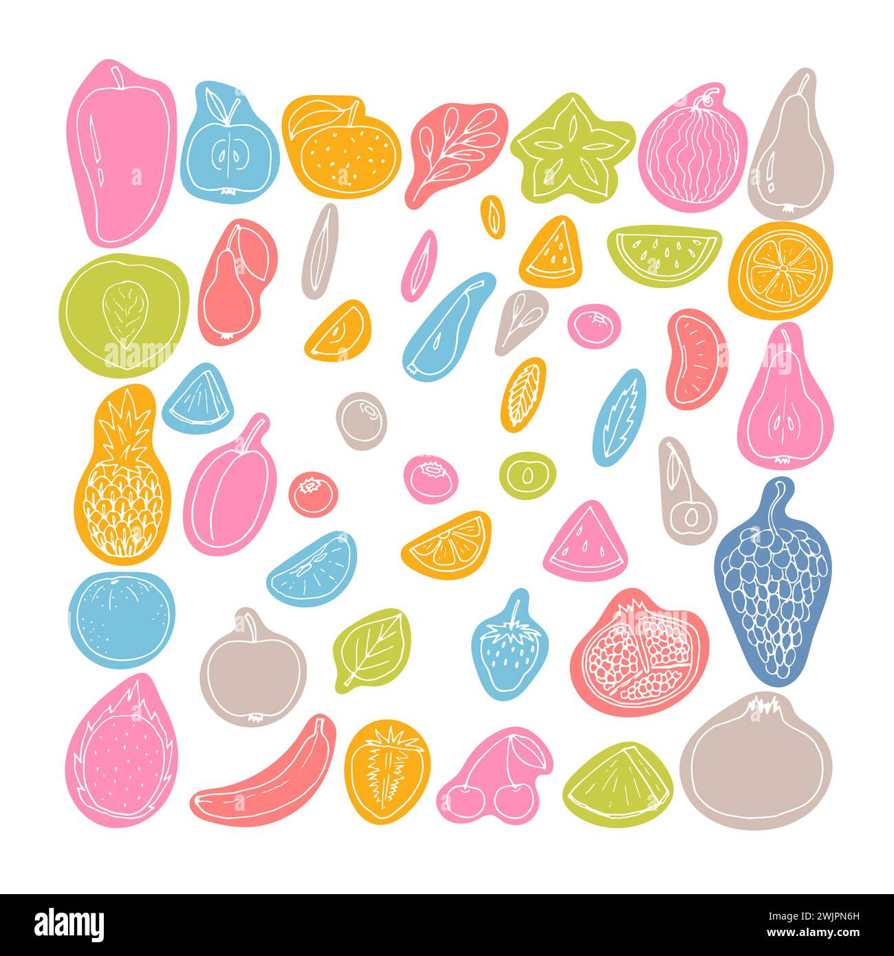 Grande set di icone di frutta e frutti di bosco. Raccolta di frutta estiva. Schizzo, stile doodle. Illustrazione vettoriale Illustrazione Vettoriale