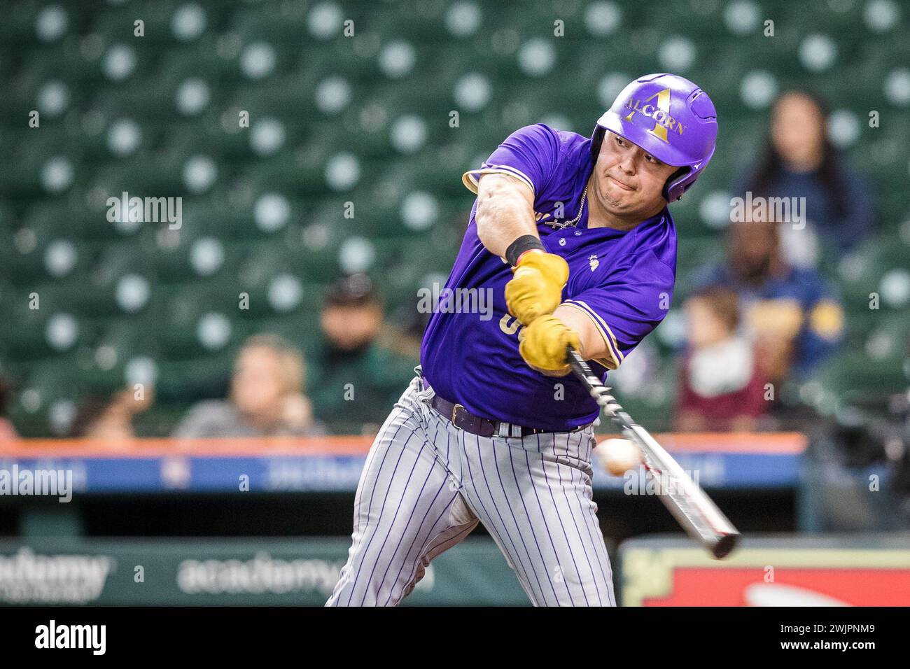 Houston, Texas, Stati Uniti. 16 febbraio 2024. Nathan Gamez (35), interno degli Alcorn State Braves, guida la palla durante la partita di baseball della NCAA tra gli Alcorn State Braves e i Southern University Jaguars nel Cactus Jack HBCU Classic del 2024 al Minute Maid Park di Houston, Texas. Prentice C. James/CSM/Alamy Live News Foto Stock