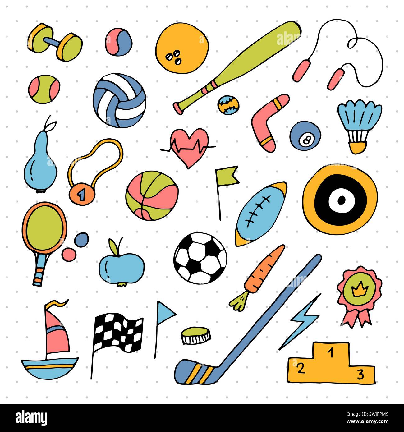 Set di elementi sportivi disegnati a mano. Collezione icone attrezzature sportive. Fitness, stile di vita sano. Illustrazione vettoriale Illustrazione Vettoriale