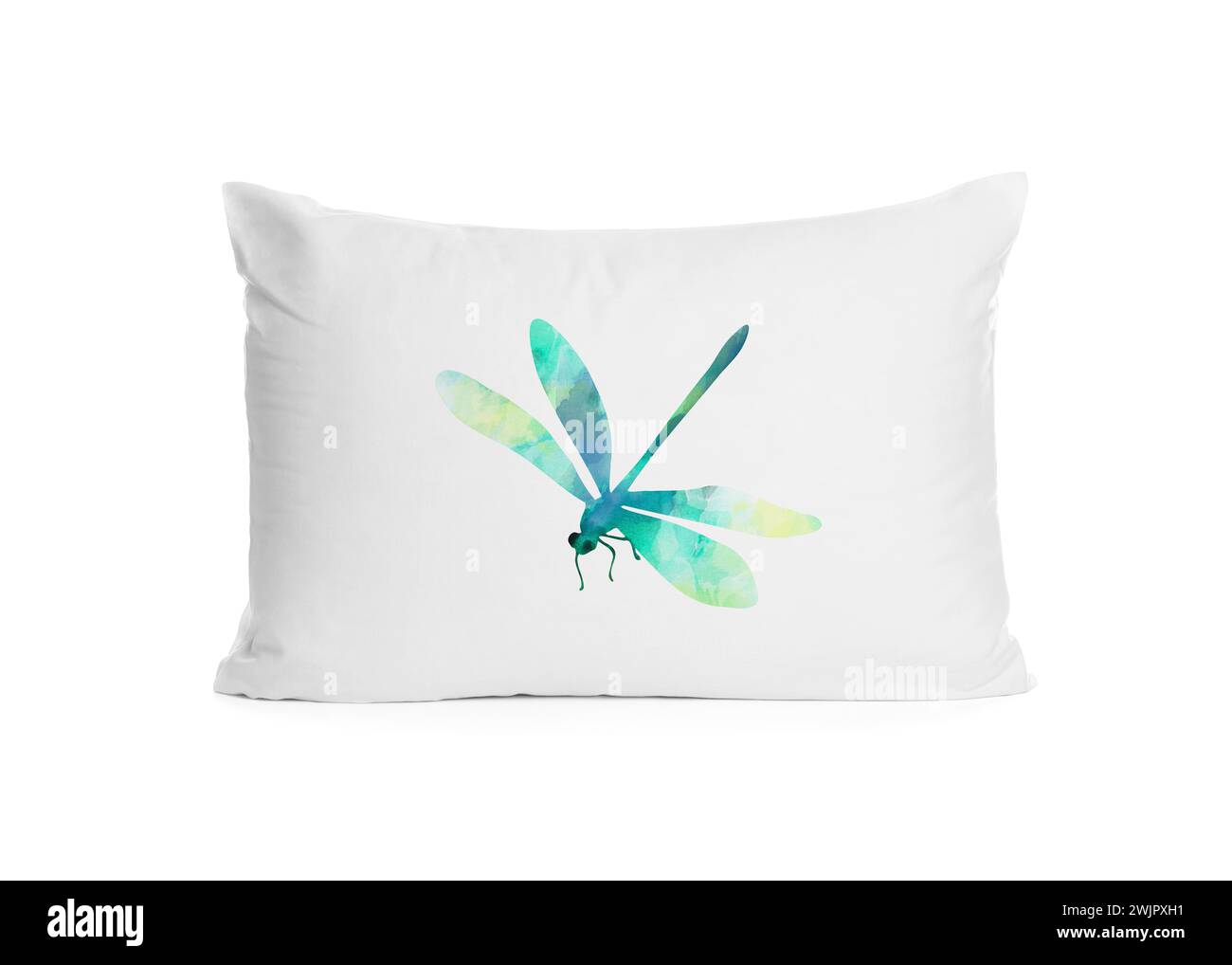 Cuscino morbido con libellula stampata isolato su bianco Foto Stock