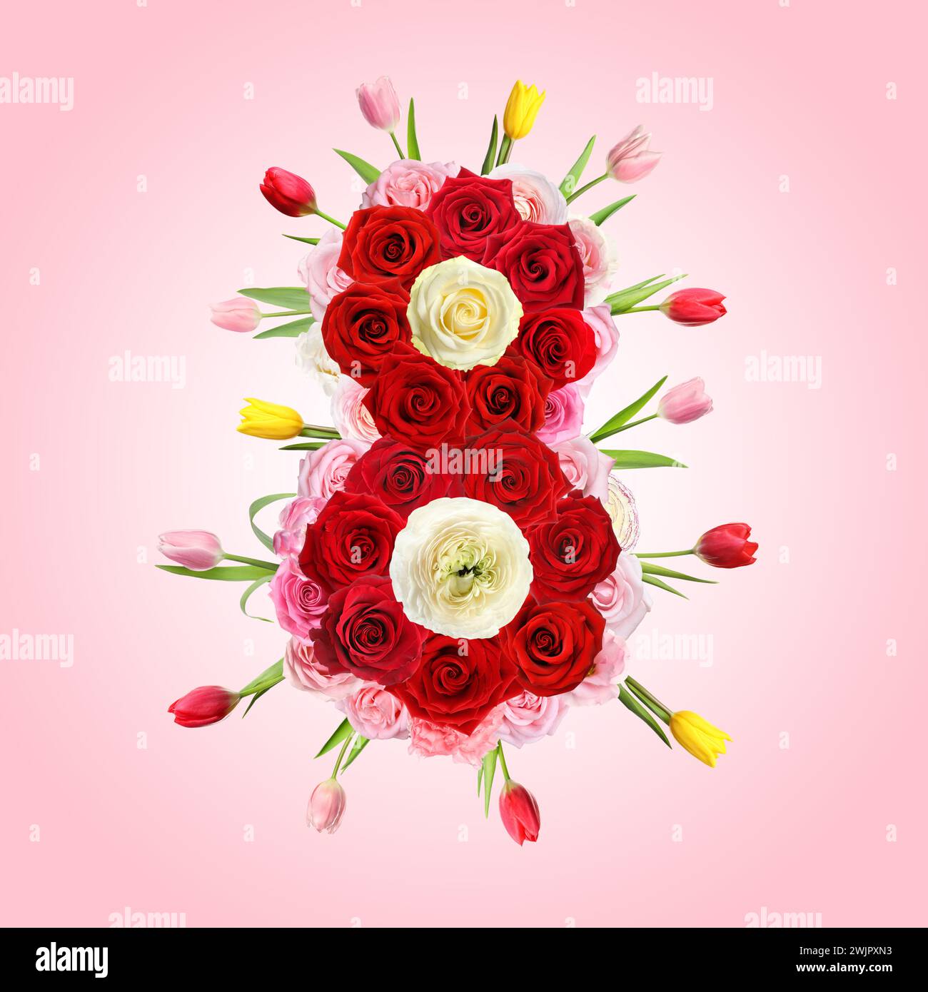 Giornata internazionale della donna - 8 marzo. Disegno della carta con il numero 8 di fiori luminosi su sfondo rosa Foto Stock