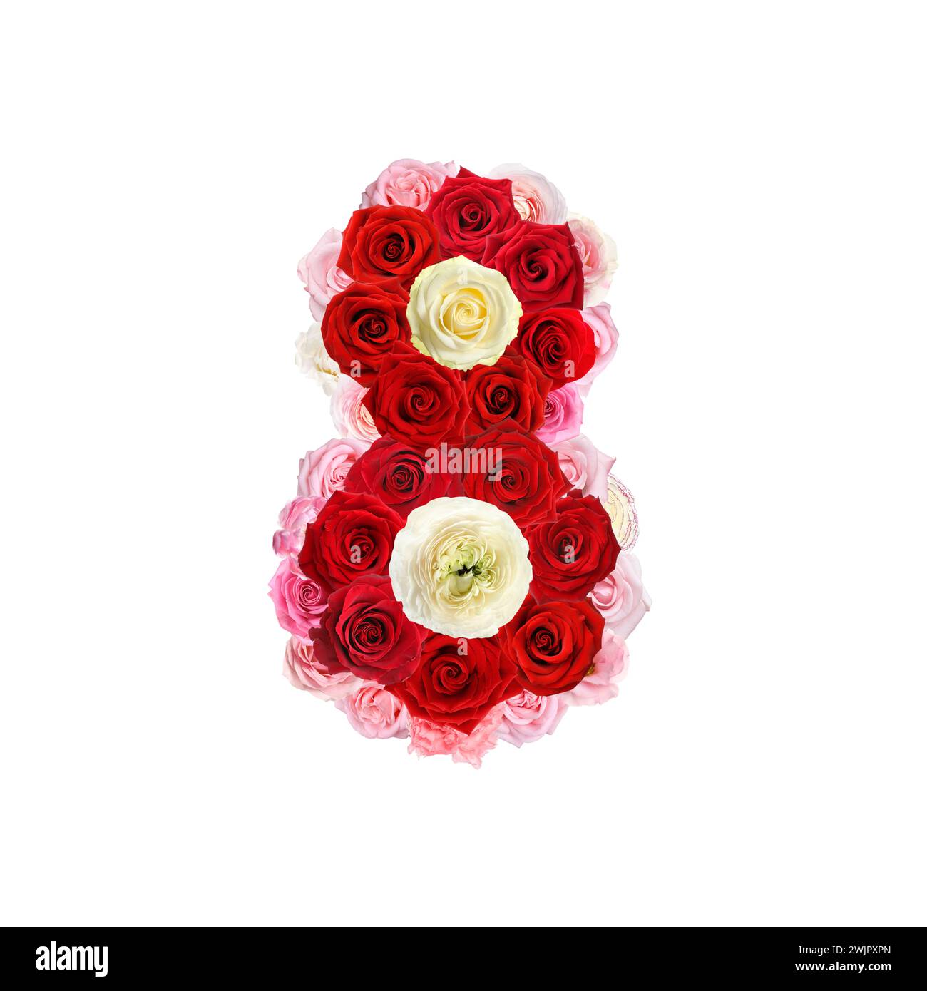 Giornata internazionale della donna - 8 marzo. Design della carta con il numero 8 di fiori luminosi su sfondo bianco Foto Stock