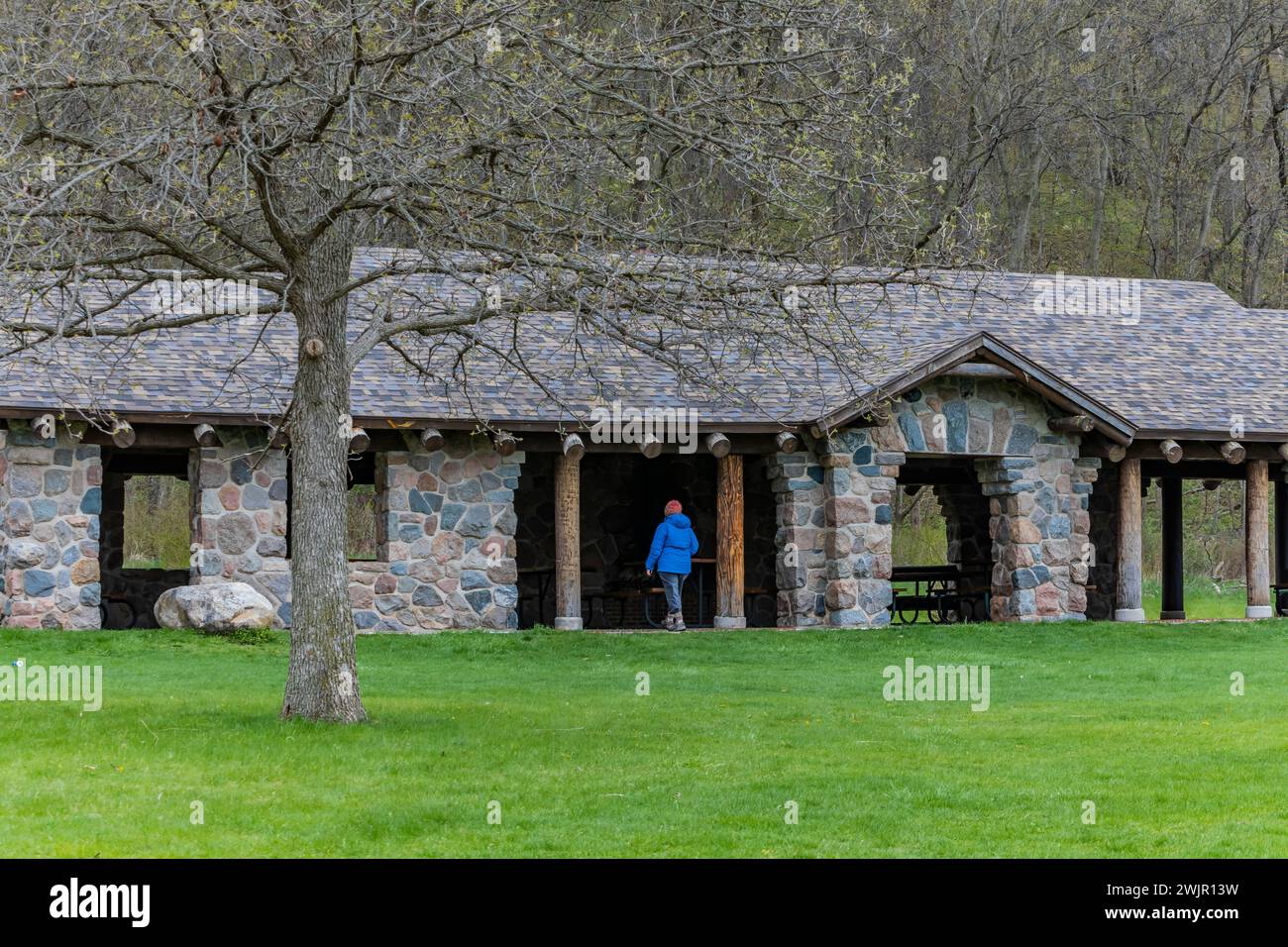 Carl Fritz Henning Shelter costruito dalla CCC durante la grande depressione nel Ledges State Park vicino a Boone, Iowa, Stati Uniti Foto Stock
